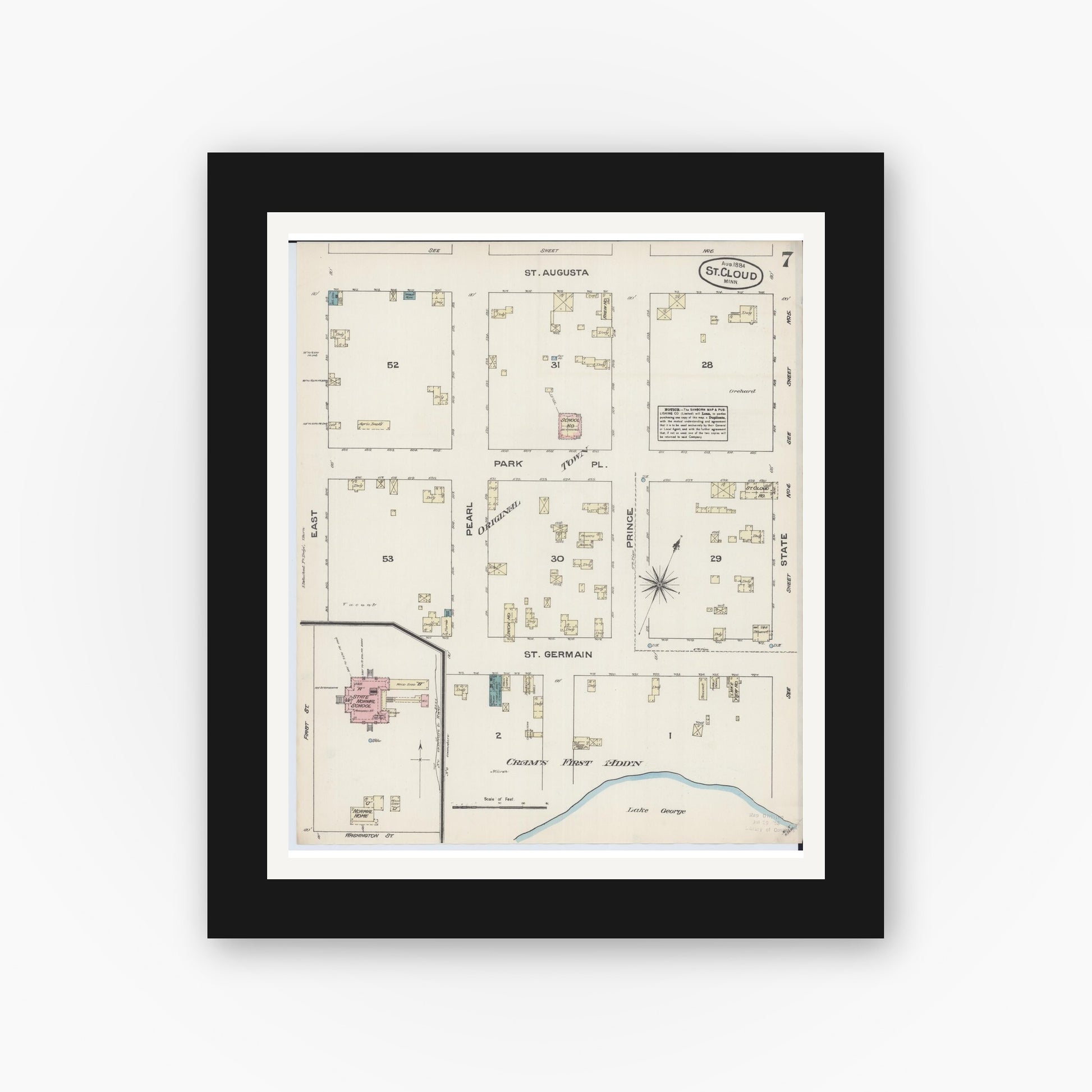 Old map wall art mockup — black gallery frame with white mat — Sanborn Fire Insurance Map from Saint Cloud, Stearns, Benton, and Sherburne Counties, Minnesota (1884), Sheet #0007