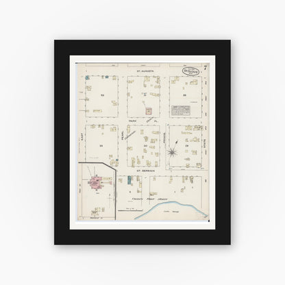 Old map wall art mockup — black gallery frame with white mat — Sanborn Fire Insurance Map from Saint Cloud, Stearns, Benton, and Sherburne Counties, Minnesota (1884), Sheet #0007