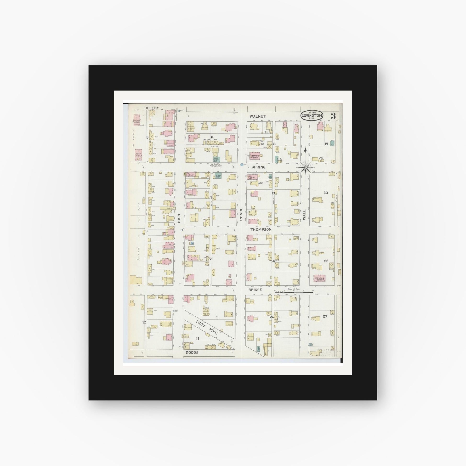 Old map wall art mockup — black gallery frame with white mat — Sanborn Fire Insurance Map from Covington, Miami County, Ohio (1892), Sheet #0003