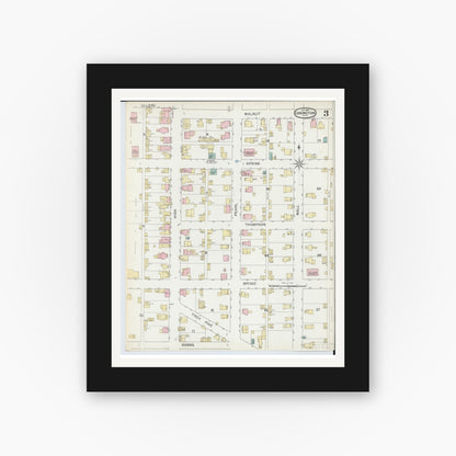 Old map wall art mockup — black gallery frame with white mat — Sanborn Fire Insurance Map from Covington, Miami County, Ohio (1892), Sheet #0003