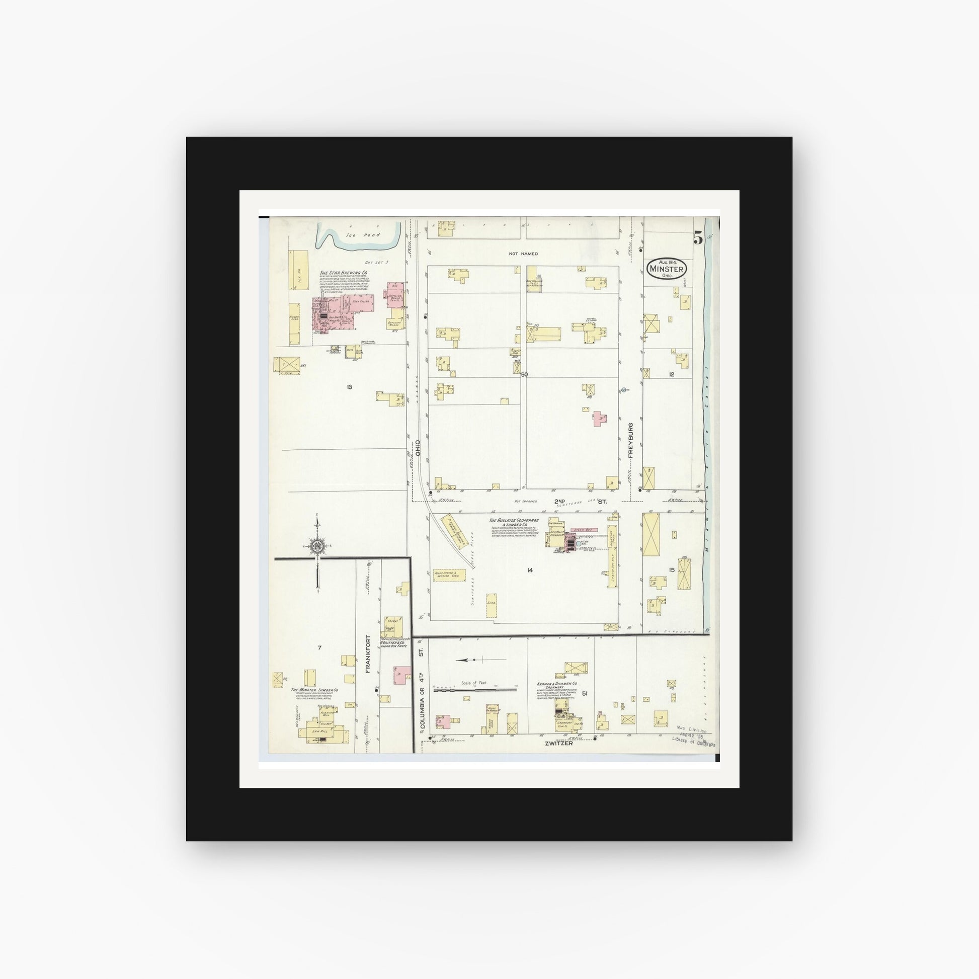 Old map wall art mockup — black gallery frame with white mat — Sanborn Fire Insurance Map from Minster, Auglaize County, Ohio (1914), Sheet #0005