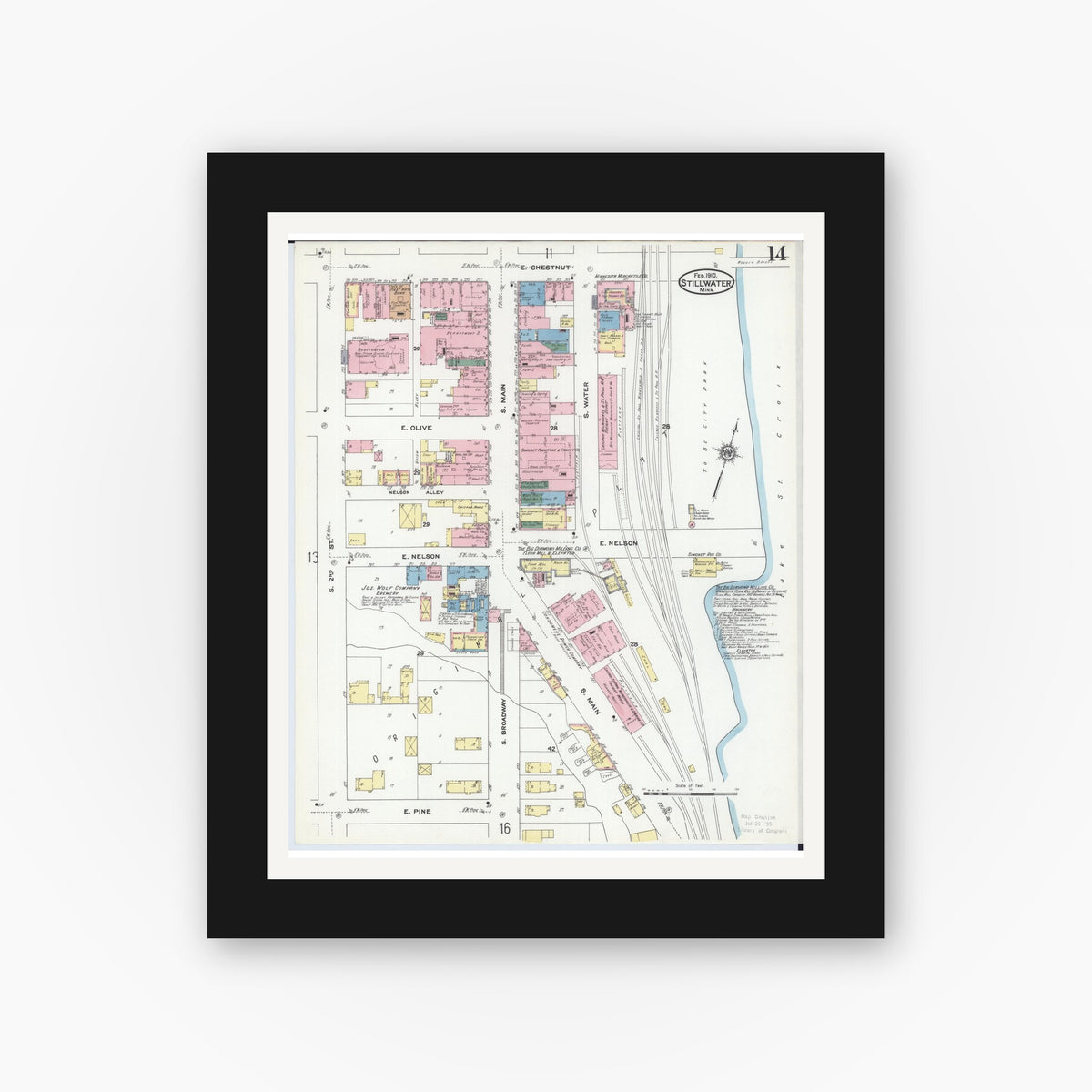 Old map wall art mockup — black gallery frame with white mat — Sanborn Fire Insurance Map from Stillwater, Washington County, Minnesota (1910), Sheet #0014