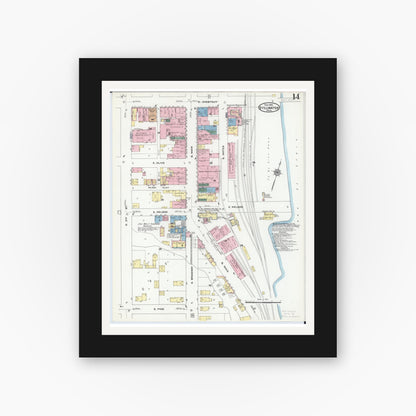 Old map wall art mockup — black gallery frame with white mat — Sanborn Fire Insurance Map from Stillwater, Washington County, Minnesota (1910), Sheet #0014