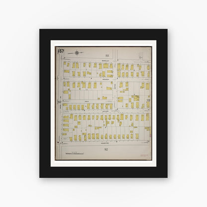 Old map wall art mockup — black gallery frame with white mat — Sanborn Fire Insurance Map from Worcester, Worcester County, Massachusetts (1910), Sheet #0157