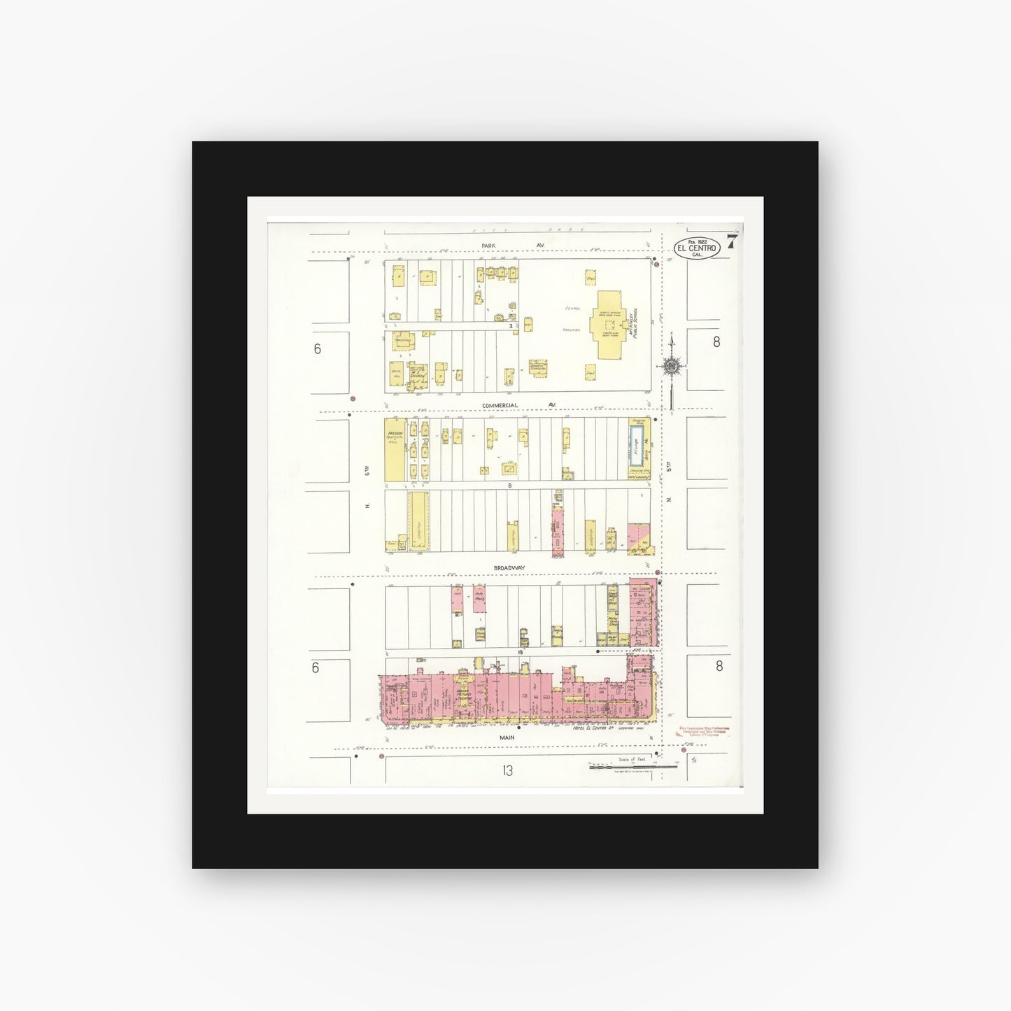 Old map wall art mockup — black gallery frame with white mat — Sanborn Fire Insurance Map from El Centro, Imperial County, California (1922), Sheet #0007