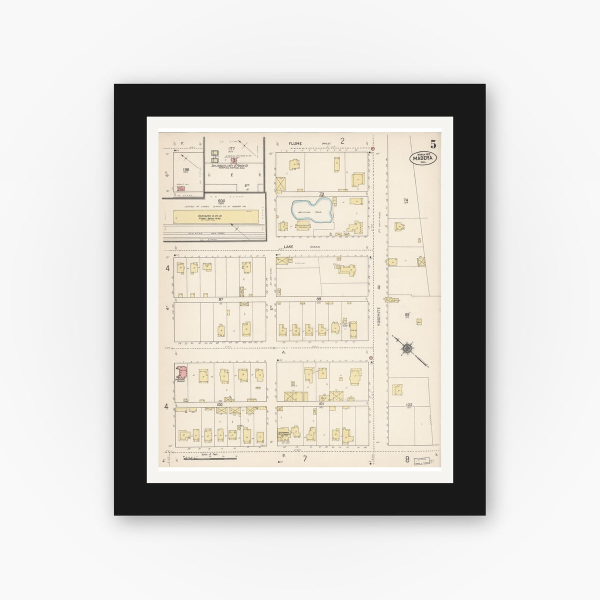 Old map wall art mockup — black gallery frame with white mat — Sanborn Fire Insurance Map from Madera, Madera County, California (1912), Sheet #0005