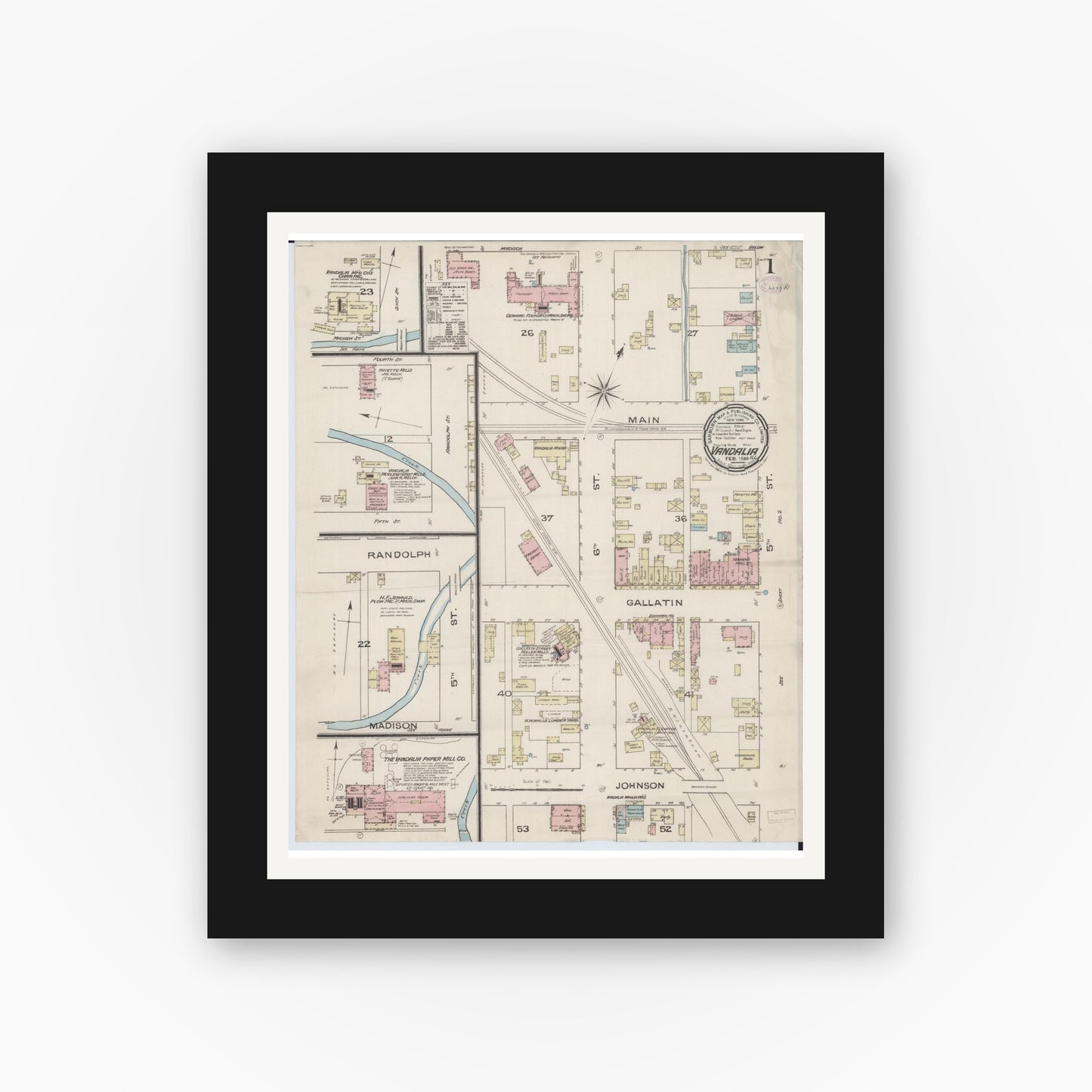 Old map wall art mockup — black gallery frame with white mat — Sanborn Fire Insurance Map from Vandalia, Fayette County, Illinois (1886) - Complete Map Set