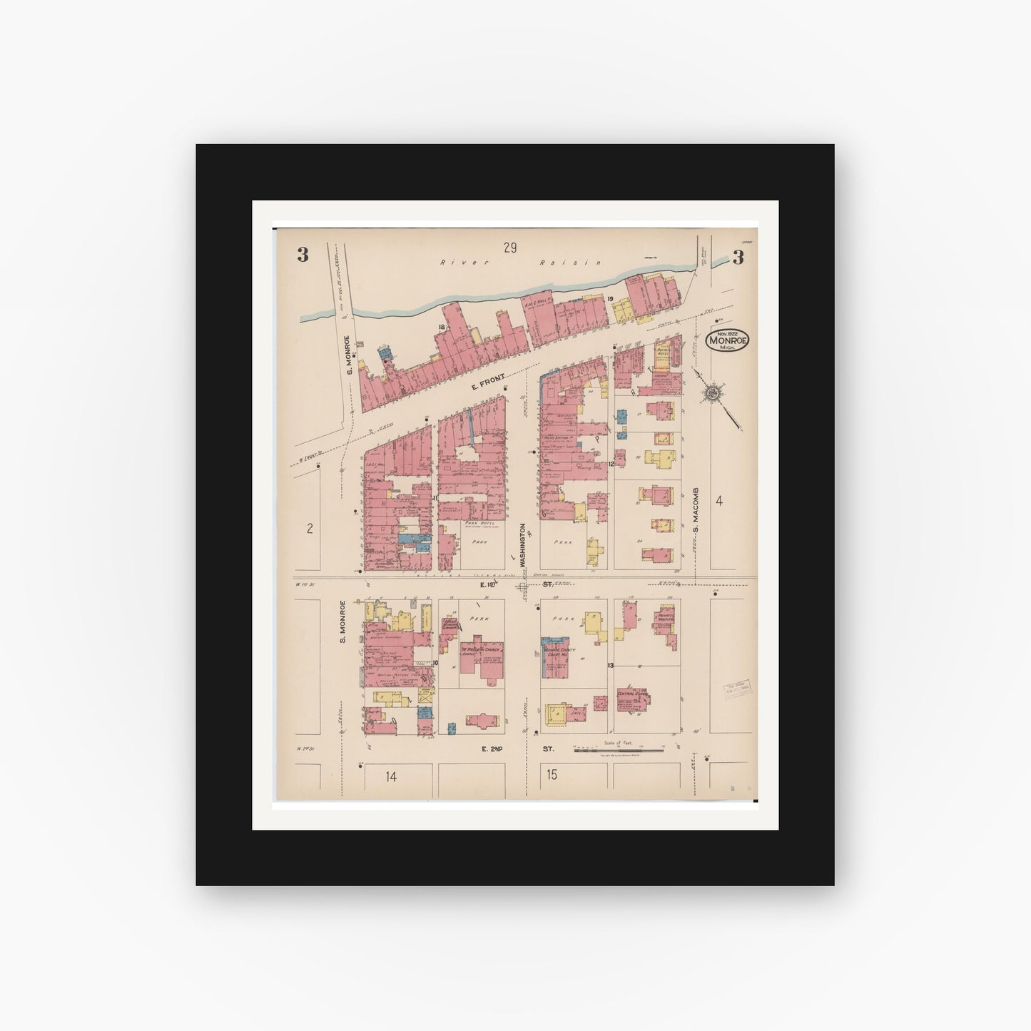 Old map wall art mockup — black gallery frame with white mat — Sanborn Fire Insurance Map from Monroe, Monroe County, Michigan (1922), Sheet #0003
