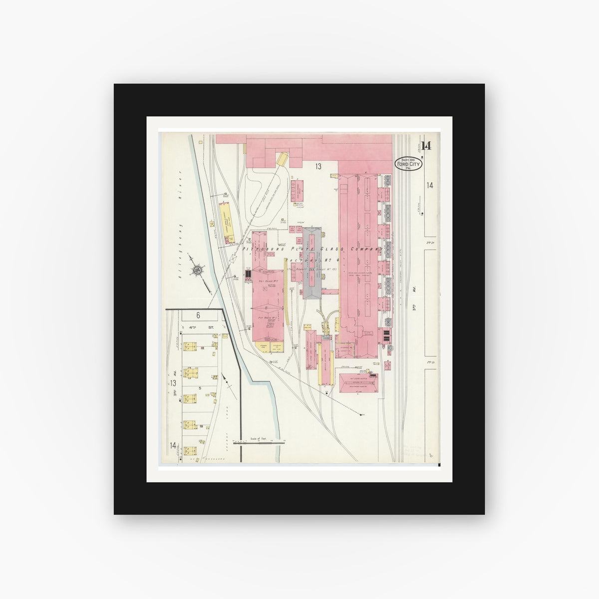 Old map wall art mockup — black gallery frame with white mat — Sanborn Fire Insurance Map from Ford City, Armstrong County, Pennsylvania (1913), Sheet #0014