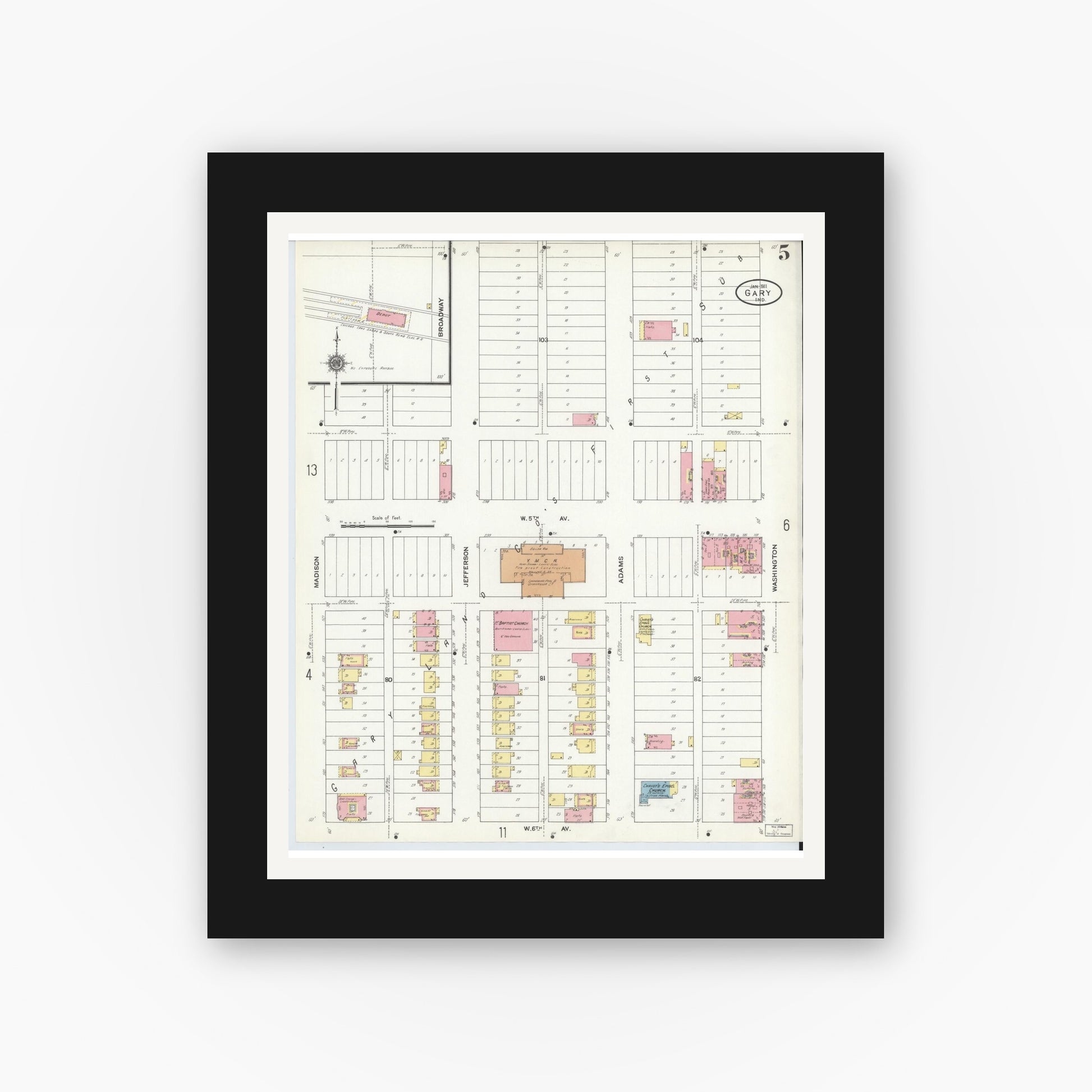 Old map wall art mockup — black gallery frame with white mat — Sanborn Fire Insurance Map from Gary, Lake County, Indiana (1911), Sheet #0005