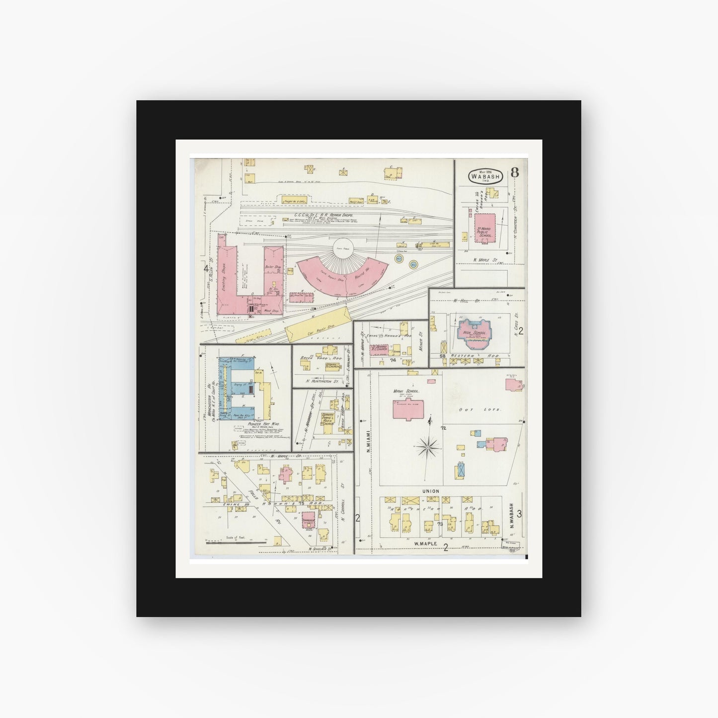 Old map wall art mockup — black gallery frame with white mat — Sanborn Fire Insurance Map from Wabash, Wabash County, Indiana (1896), Sheet #0008