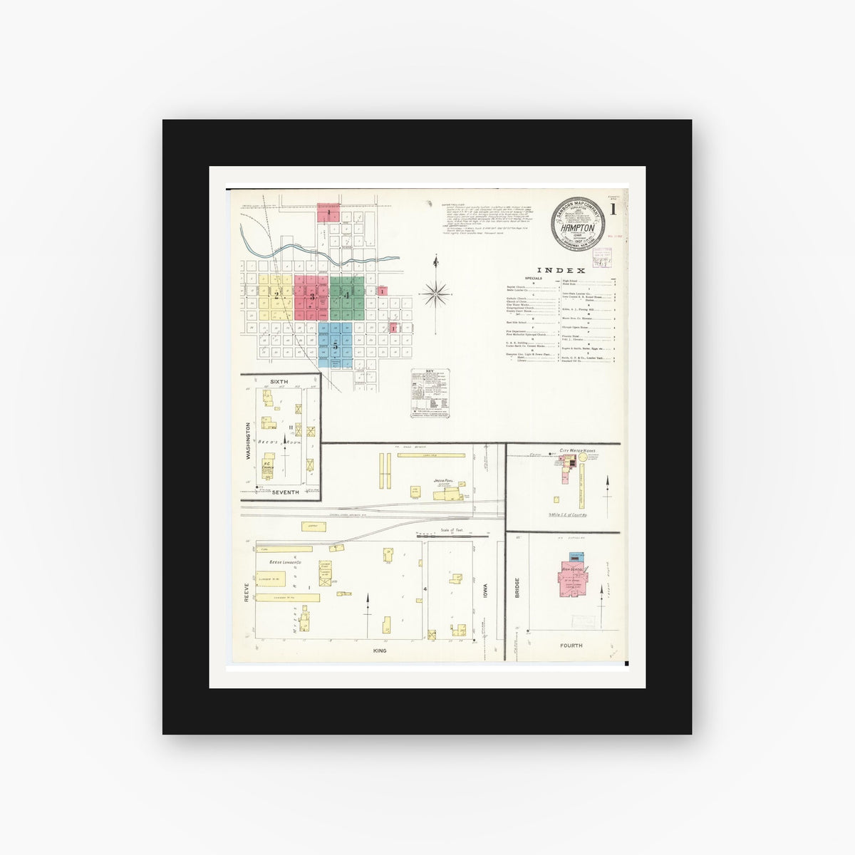 Old map wall art mockup — black gallery frame with white mat — Sanborn Fire Insurance Map from Hampton, Franklin County, Iowa (1907) â€” Complete Set