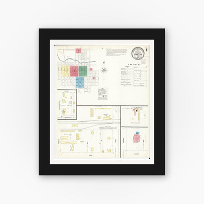 Old map wall art mockup — black gallery frame with white mat — Sanborn Fire Insurance Map from Hampton, Franklin County, Iowa (1907) â€” Complete Set