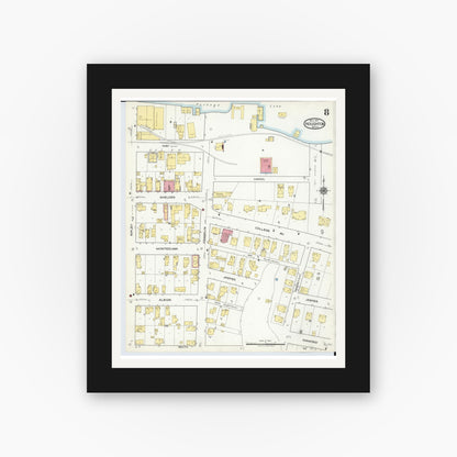 Old map wall art mockup — black gallery frame with white mat — Sanborn Fire Insurance Map from Houghton, Houghton County, Michigan (1917), Sheet #0008