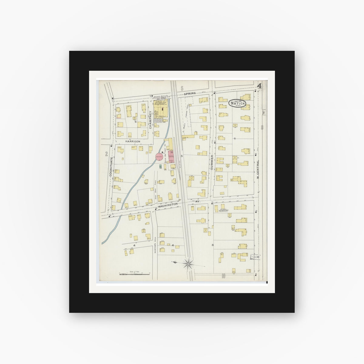 Old map wall art mockup — black gallery frame with white mat — Sanborn Fire Insurance Map from Natick, Middlesex County, Massachusetts (1894), Sheet #0004