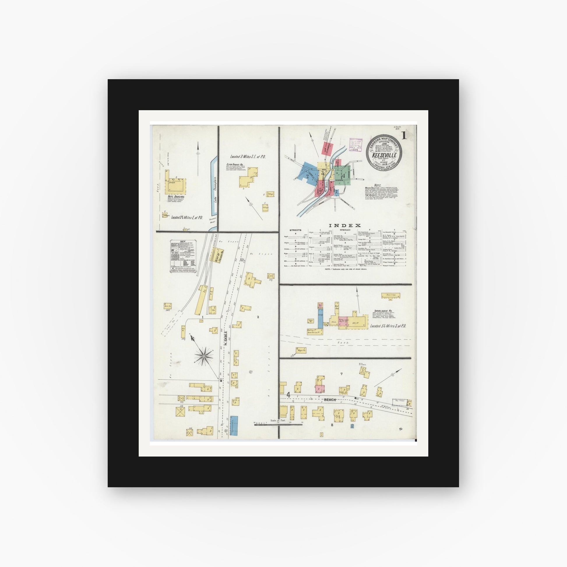 Old map wall art mockup — black gallery frame with white mat — Sanborn Fire Insurance Map from Keeseville, Essex County, New York (1906) - Complete Map Set
