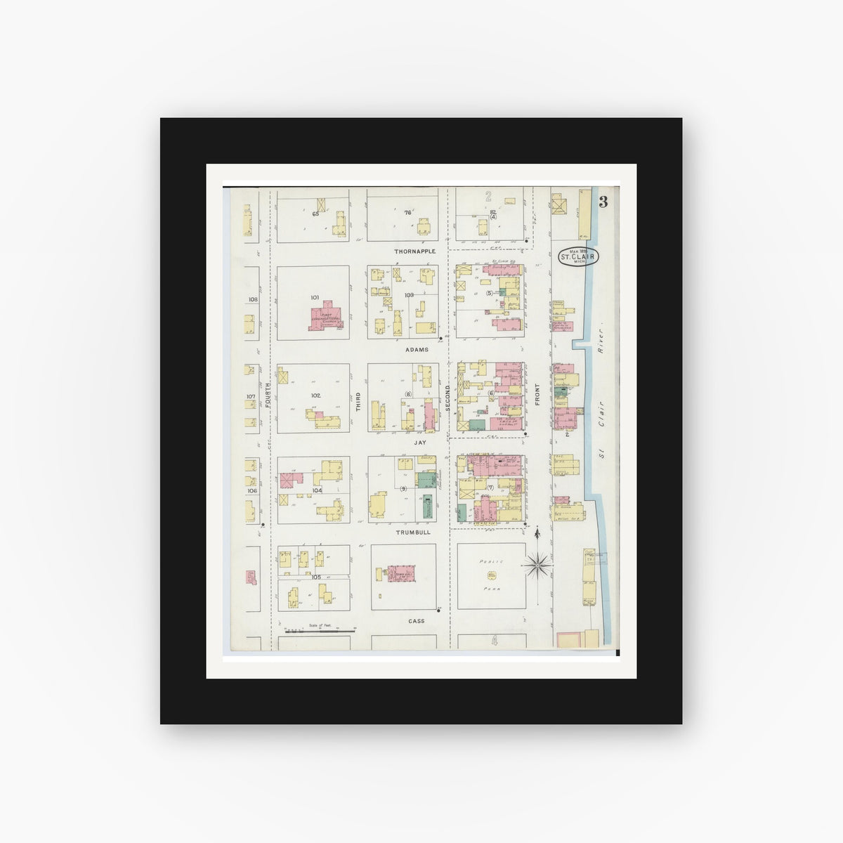 Old map wall art mockup — black gallery frame with white mat — Sanborn Fire Insurance Map from Saint Clair, Saint Clair County, Michigan (1895), Sheet #0003