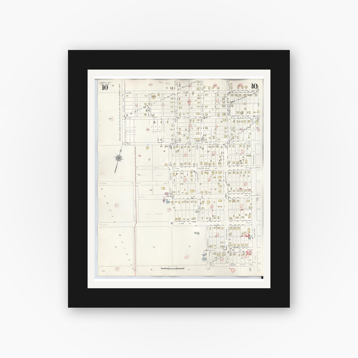 Old map wall art mockup — black gallery frame with white mat — Sanborn Fire Insurance Map from Lamesa, Dawson County, Texas (1948), Sheet #0010