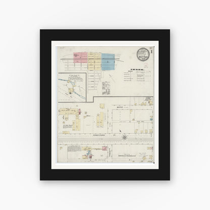 Old map wall art mockup — black gallery frame with white mat — Sanborn Fire Insurance Map from Mount Union, Huntingdon County, Pennsylvania (1894), Sheet #0001