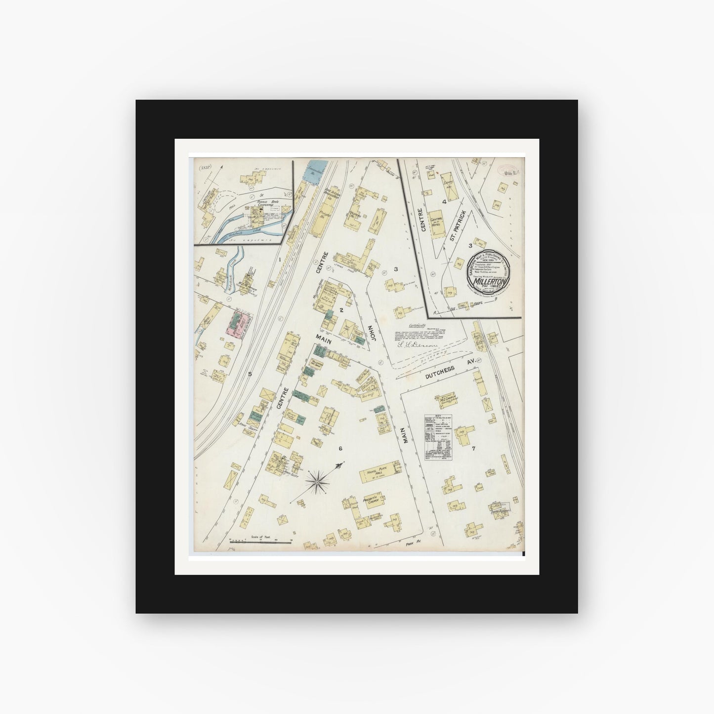 Old map wall art mockup — black gallery frame with white mat — Sanborn Fire Insurance Map from Millerton, Dutchess County, New York (1889), Sheet #0001