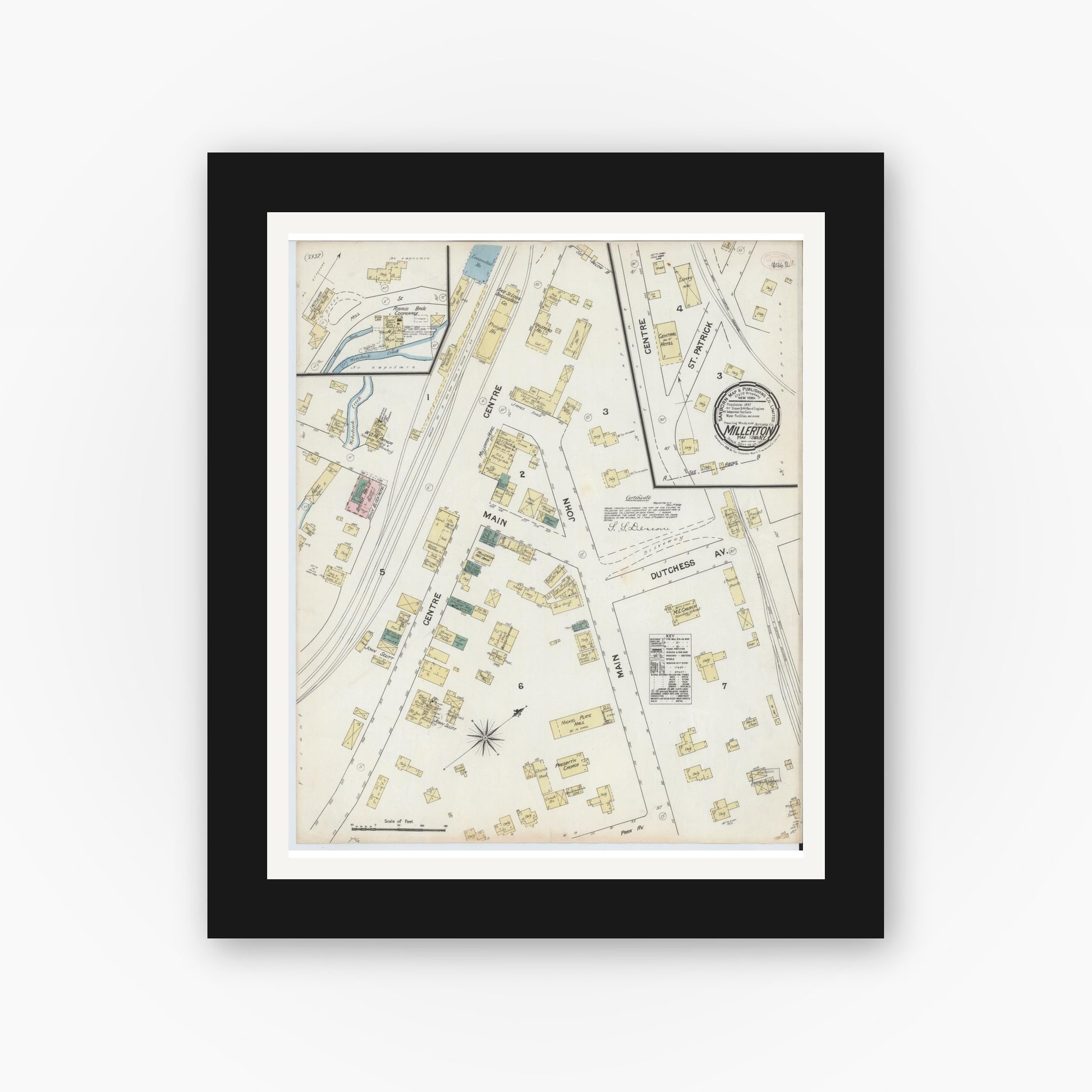 Old map wall art mockup — black gallery frame with white mat — Sanborn Fire Insurance Map from Millerton, Dutchess County, New York (1889), Sheet #0001