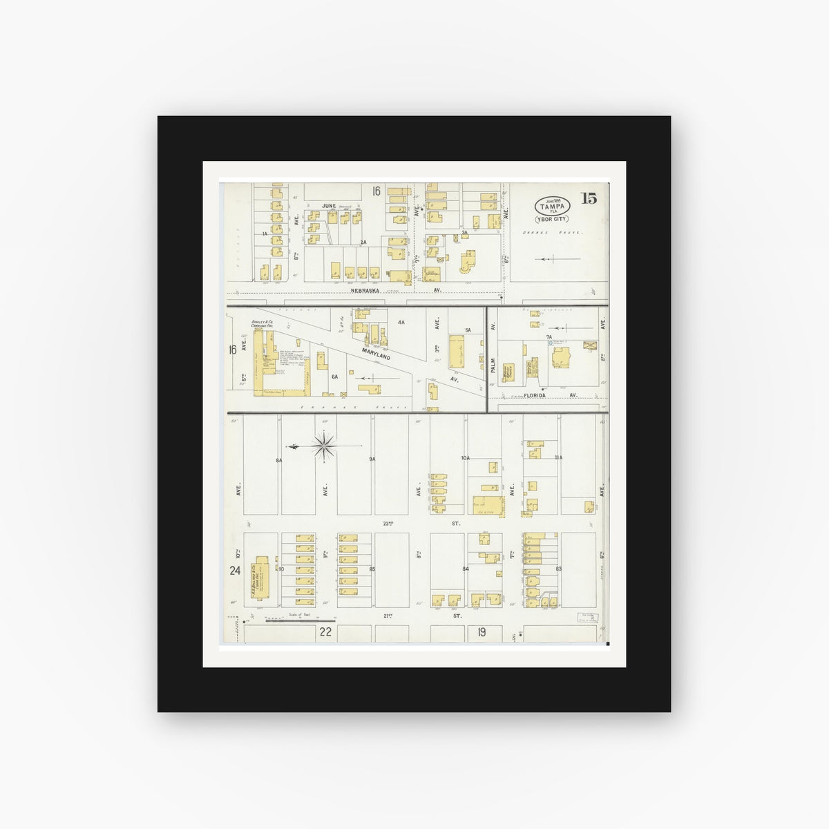 Old map wall art mockup — black gallery frame with white mat — Sanborn Fire Insurance Map from Tampa, Hillsborough County, Florida (1899), Sheet #0015