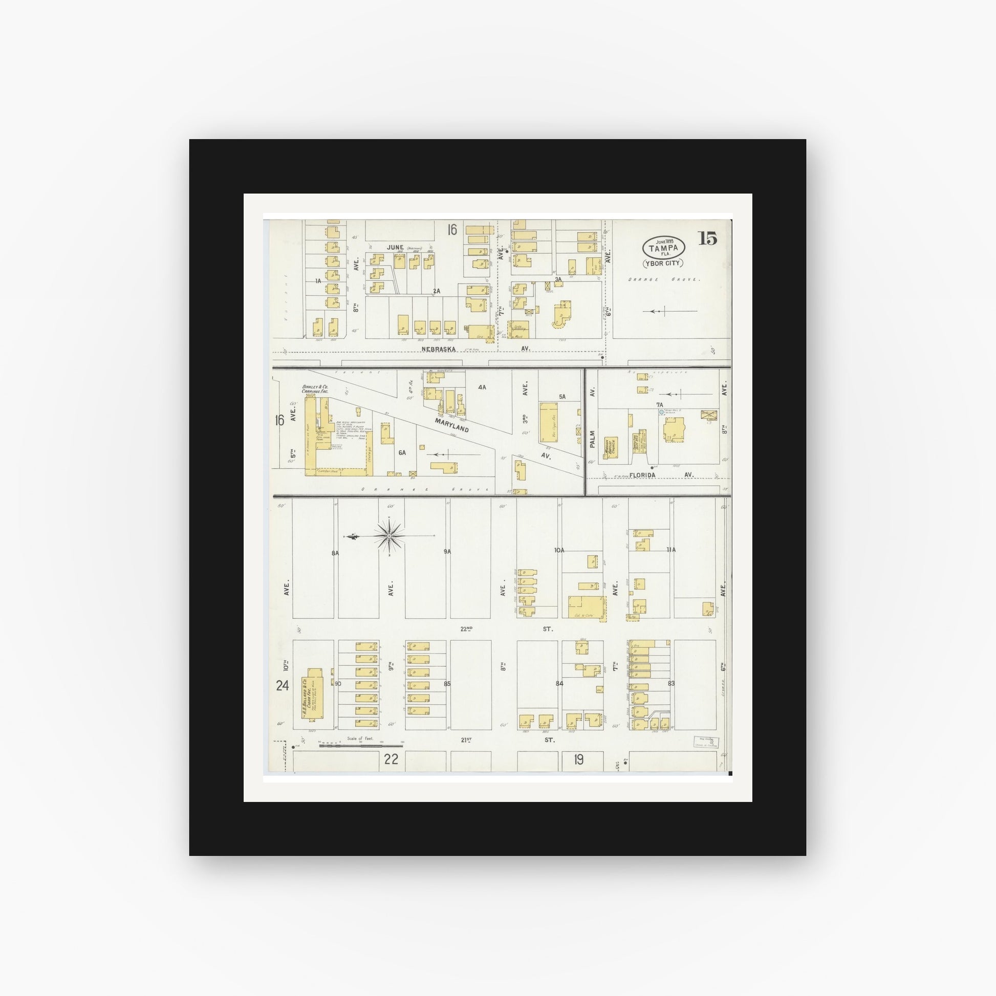 Old map wall art mockup — black gallery frame with white mat — Sanborn Fire Insurance Map from Tampa, Hillsborough County, Florida (1899), Sheet #0015