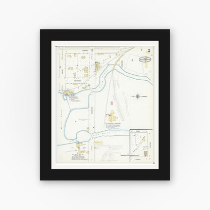 Old map wall art mockup — black gallery frame with white mat — Sanborn Fire Insurance Map from Richland Center, Richland County, Wisconsin (1912), Sheet #0005