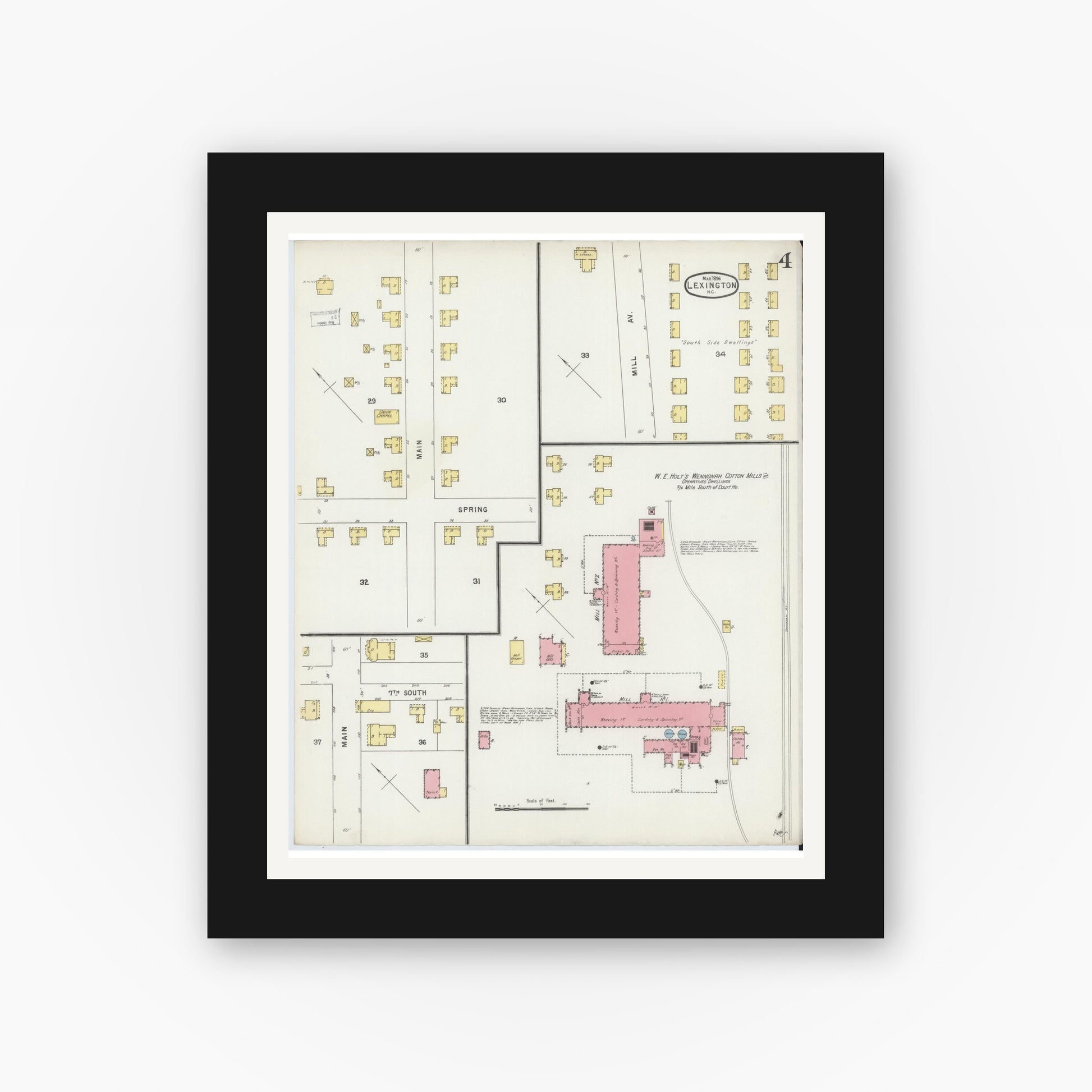 Old map wall art mockup — black gallery frame with white mat — Sanborn Fire Insurance Map from Lexington, Davidson County, North Carolina (1896), Sheet #0004