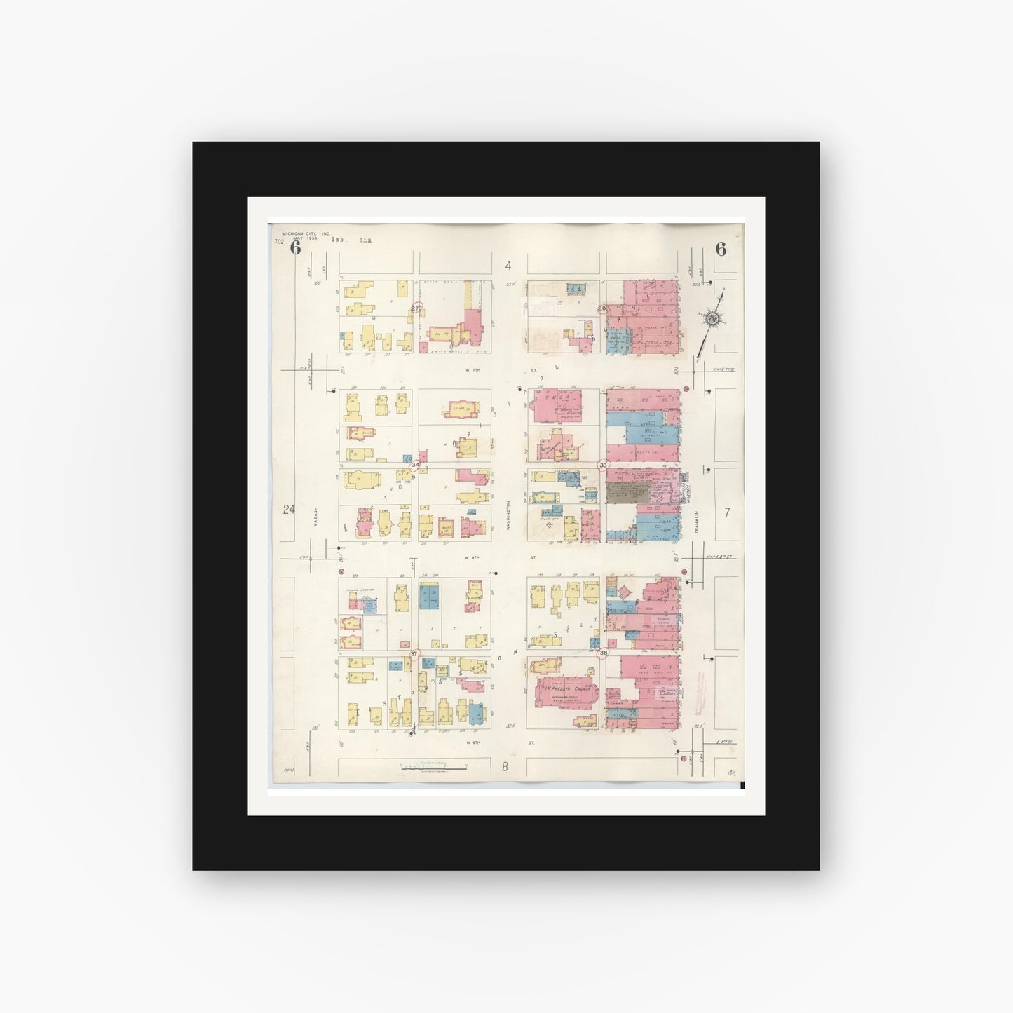 Old map wall art mockup — black gallery frame with white mat — Sanborn Fire Insurance Map from Michigan City, La Porte County, Indiana (1948), Sheet #0006