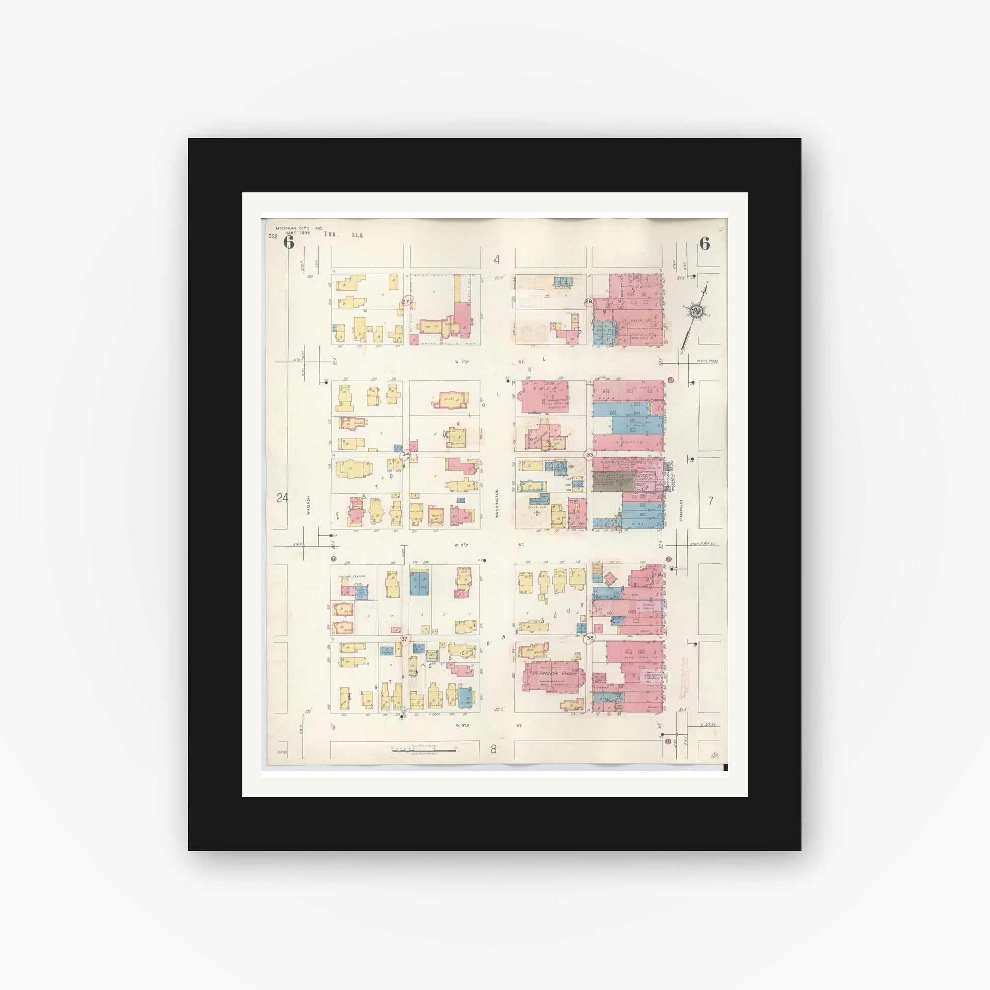 Old map wall art mockup — black gallery frame with white mat — Sanborn Fire Insurance Map from Michigan City, La Porte County, Indiana (1948), Sheet #0006