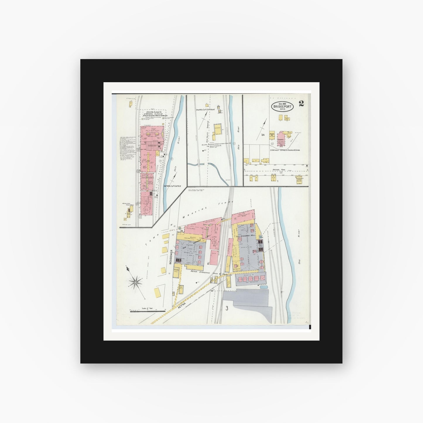 Old map wall art mockup — black gallery frame with white mat — Sanborn Fire Insurance Map from Bridgeport, Belmont County, Ohio (1903), Sheet #0002