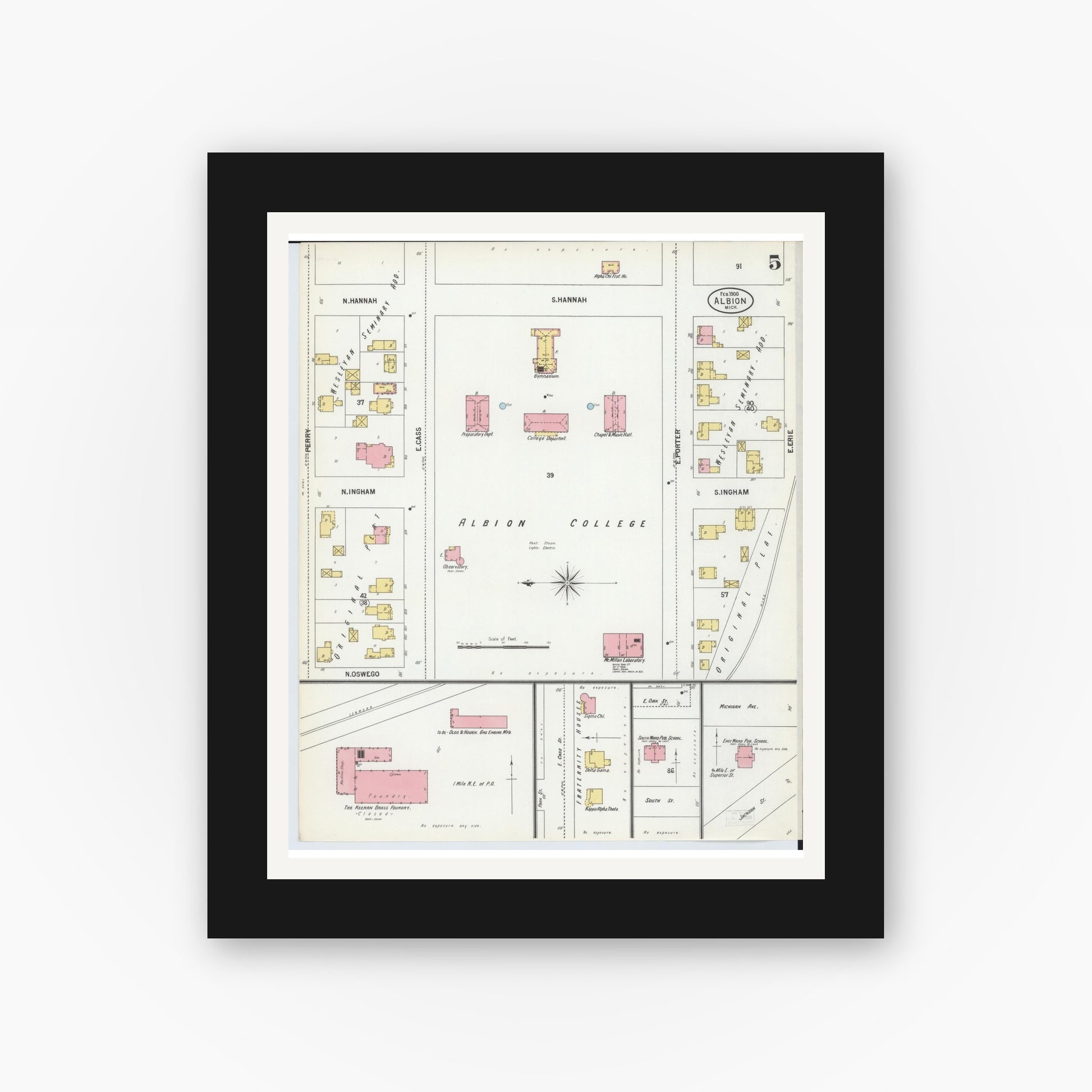 Old map wall art mockup — black gallery frame with white mat — Sanborn Fire Insurance Map from Albion, Calhoun County, Michigan (1900), Sheet #0005