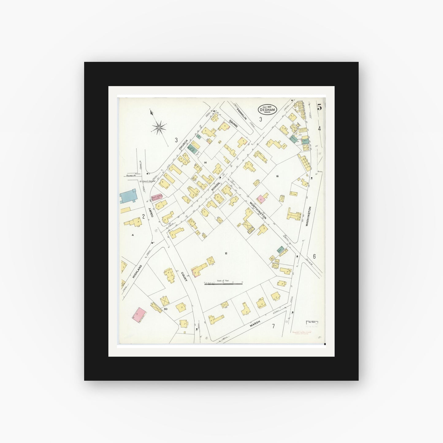 Old map wall art mockup — black gallery frame with white mat — Sanborn Fire Insurance Map from Dedham, Norfolk County, Massachusetts (1909), Sheet #0005