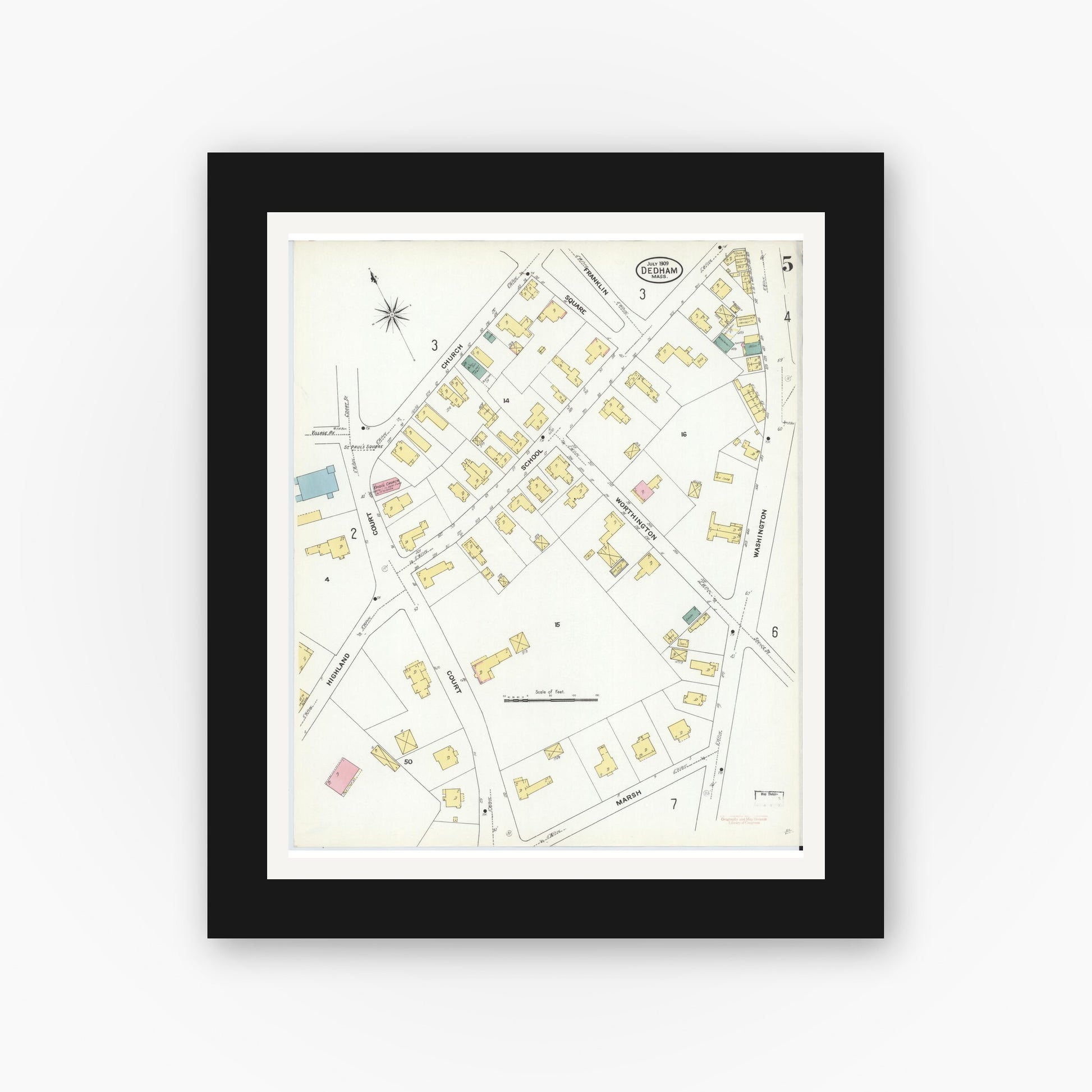 Old map wall art mockup — black gallery frame with white mat — Sanborn Fire Insurance Map from Dedham, Norfolk County, Massachusetts (1909), Sheet #0005