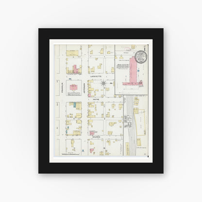 Old map wall art mockup — black gallery frame with white mat — Sanborn Fire Insurance Map from Monroe, Union County, North Carolina (1892), Sheet #0001