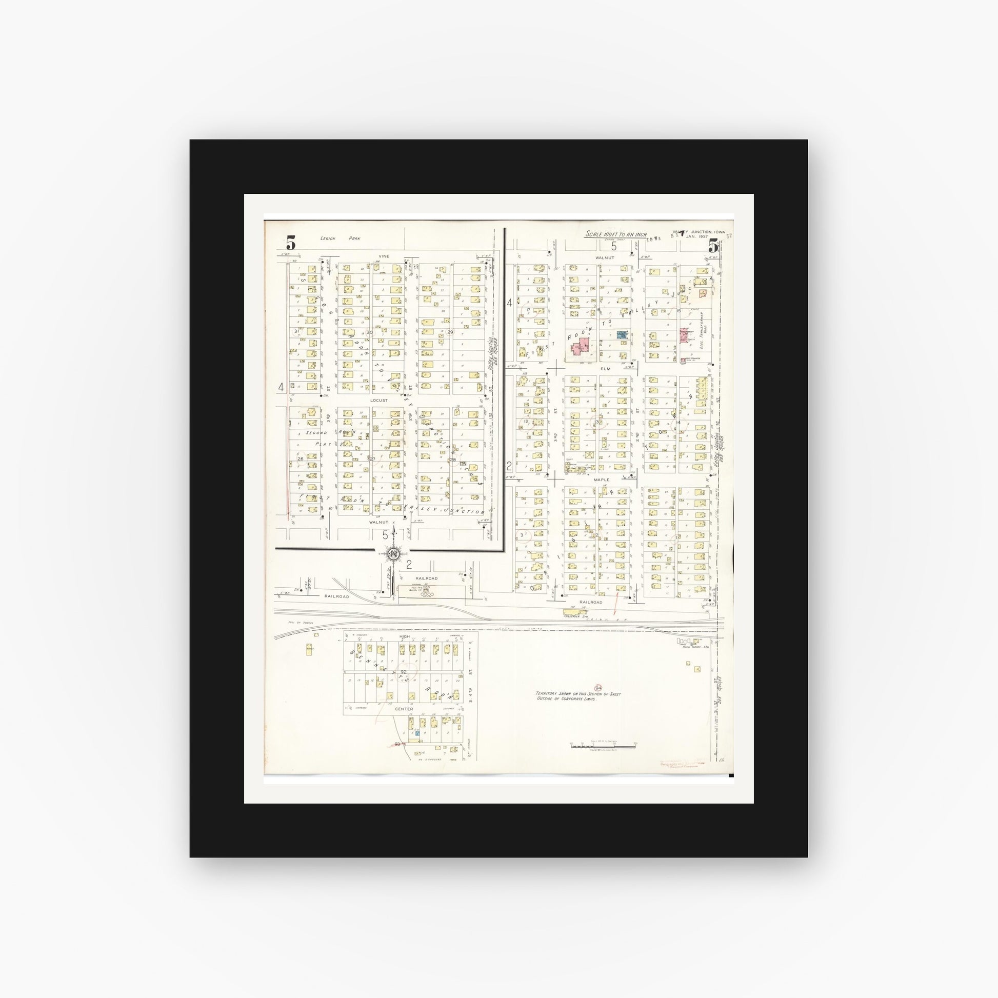 Old map wall art mockup — black gallery frame with white mat — Sanborn Fire Insurance Map from Valley Junction, Polk County, Iowa (1941), Sheet #0005