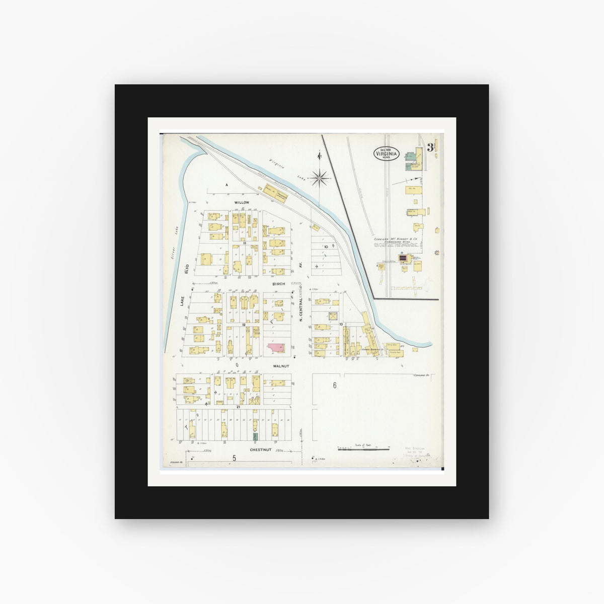 Old map wall art mockup — black gallery frame with white mat — Sanborn Fire Insurance Map from Virginia, Saint Louis County, Minnesota (1908), Sheet #0003