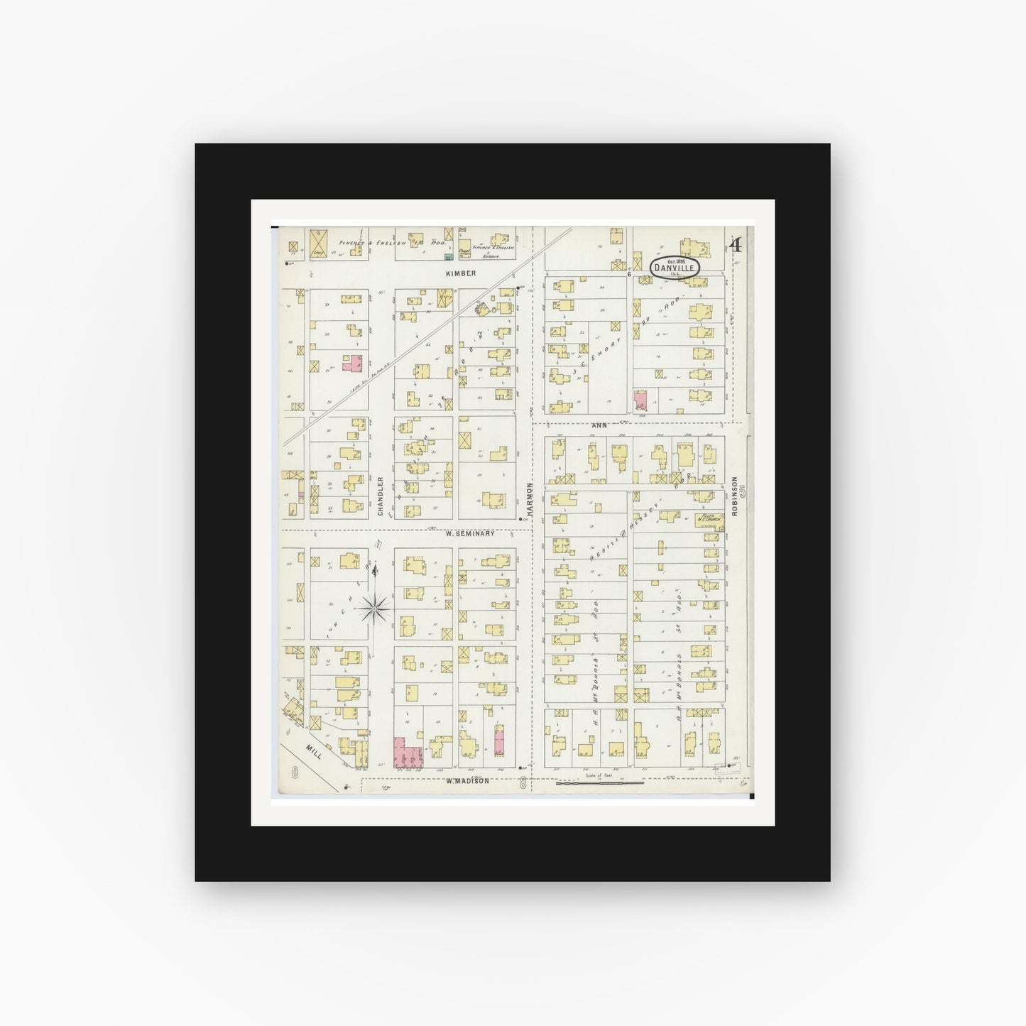 Old map wall art mockup — black gallery frame with white mat — Sanborn Fire Insurance Map from Danville, Vermilion County, Illinois (1895), Sheet #0004