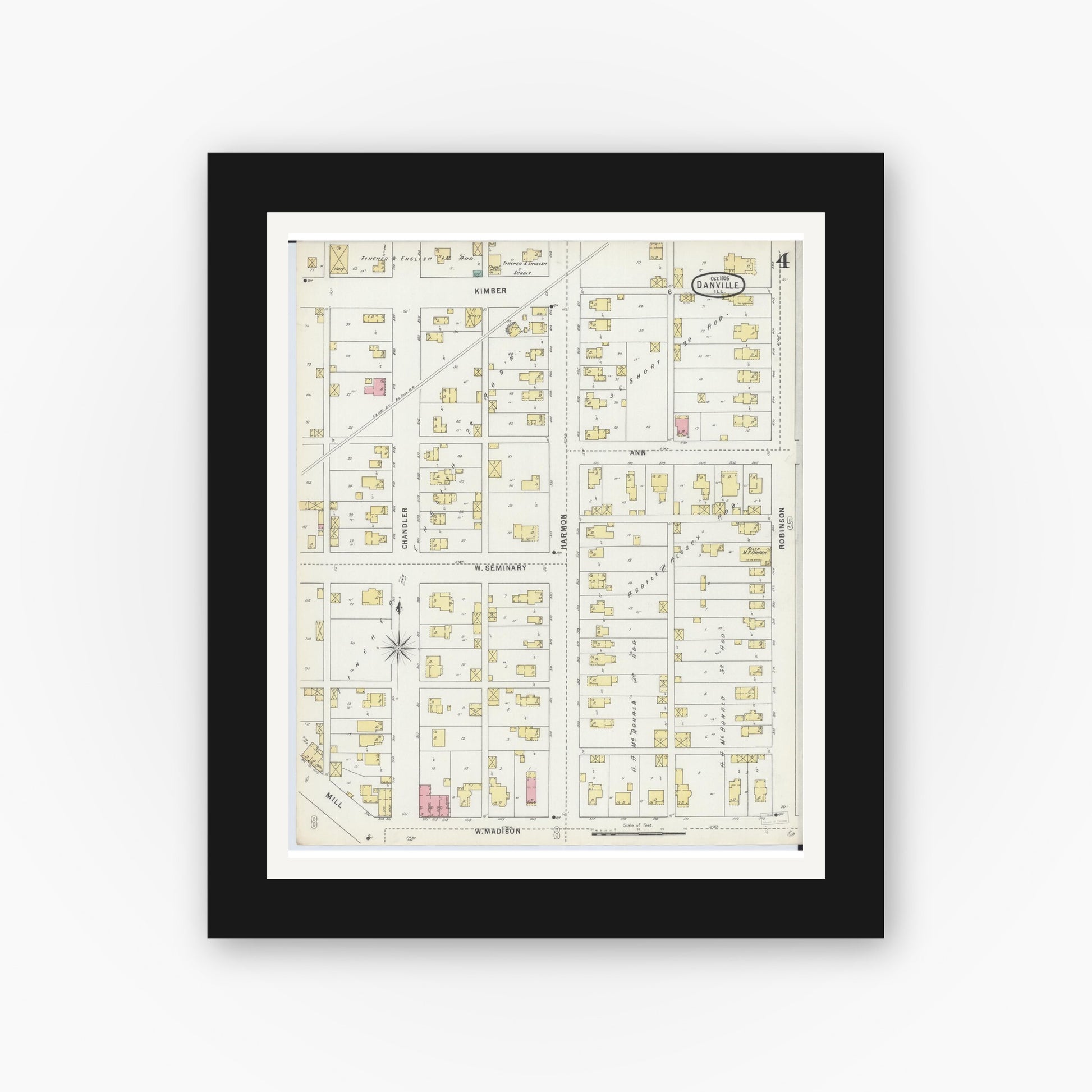 Old map wall art mockup — black gallery frame with white mat — Sanborn Fire Insurance Map from Danville, Vermilion County, Illinois (1895), Sheet #0004