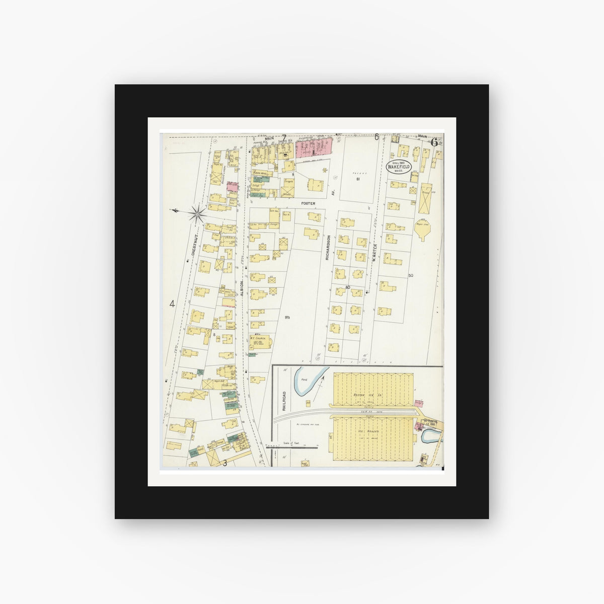 Old map wall art mockup — black gallery frame with white mat — Sanborn Fire Insurance Map from Wakefield, Middlesex County, Massachusetts (1903), Sheet #0006