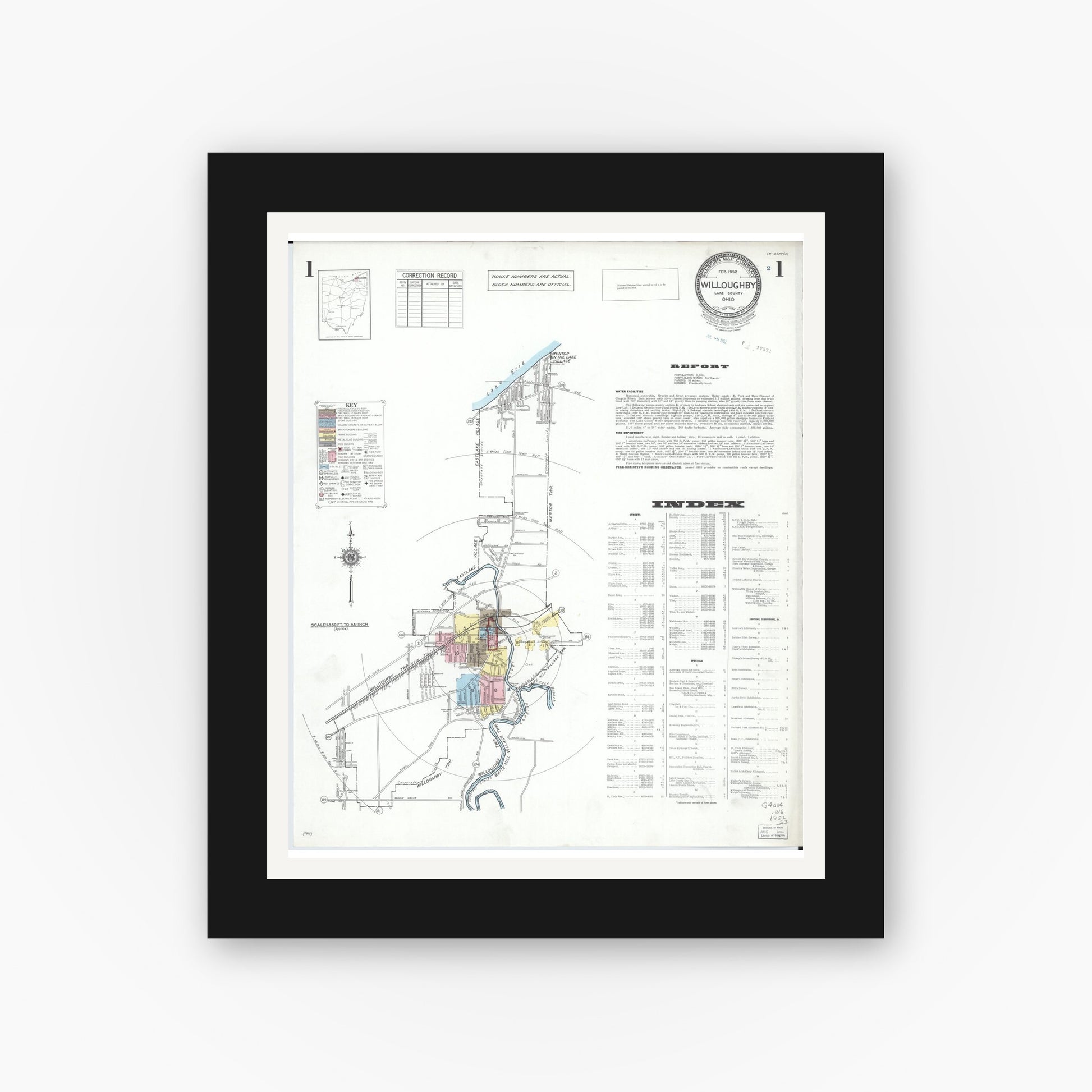 Old map wall art mockup — black gallery frame with white mat — Sanborn Fire Insurance Map from Willoughby, Lake County, Ohio (1952), Sheet #0001