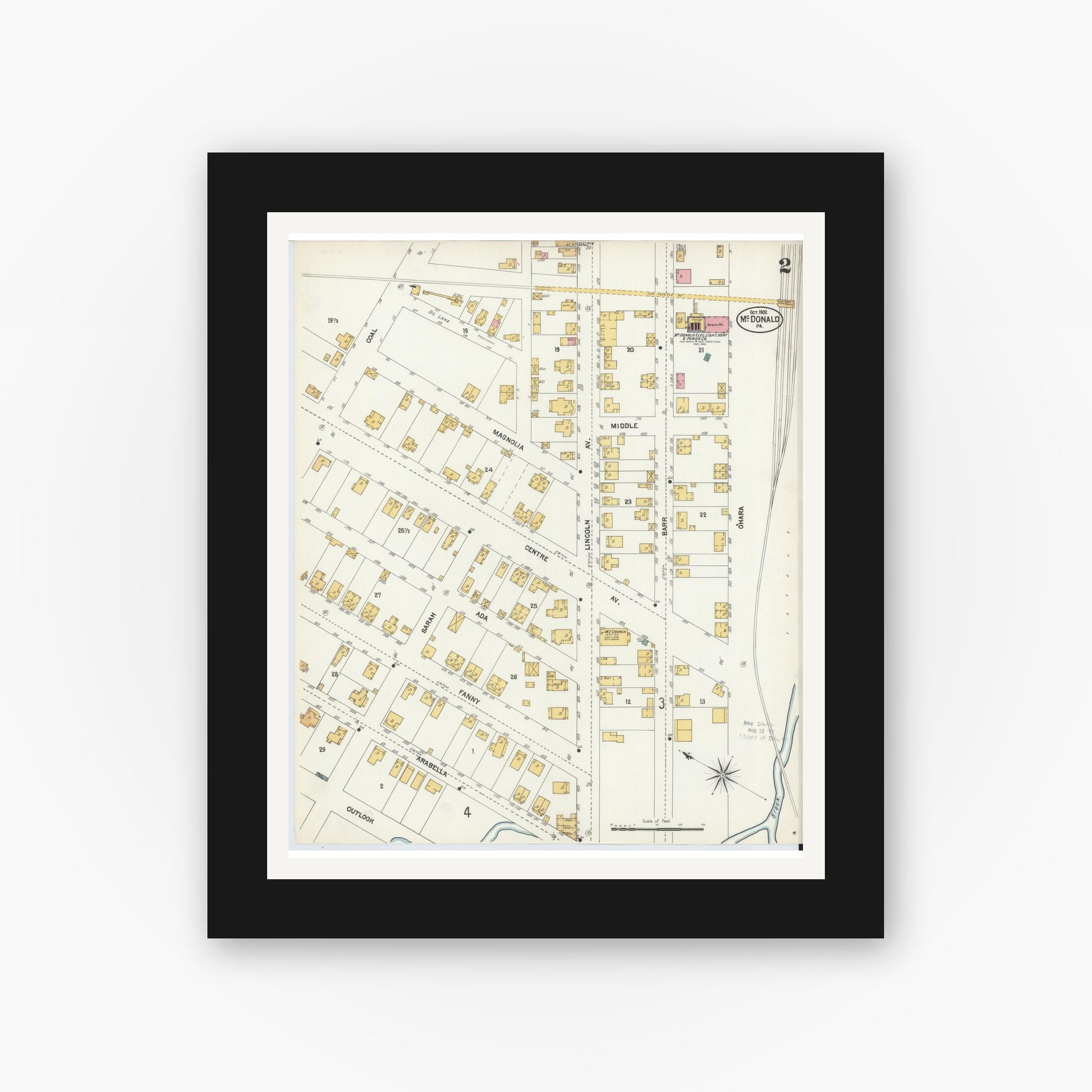 Old map wall art mockup — black gallery frame with white mat — Sanborn Fire Insurance Map from McDonald, Washington County, Pennsylvania (1902), Sheet #0002