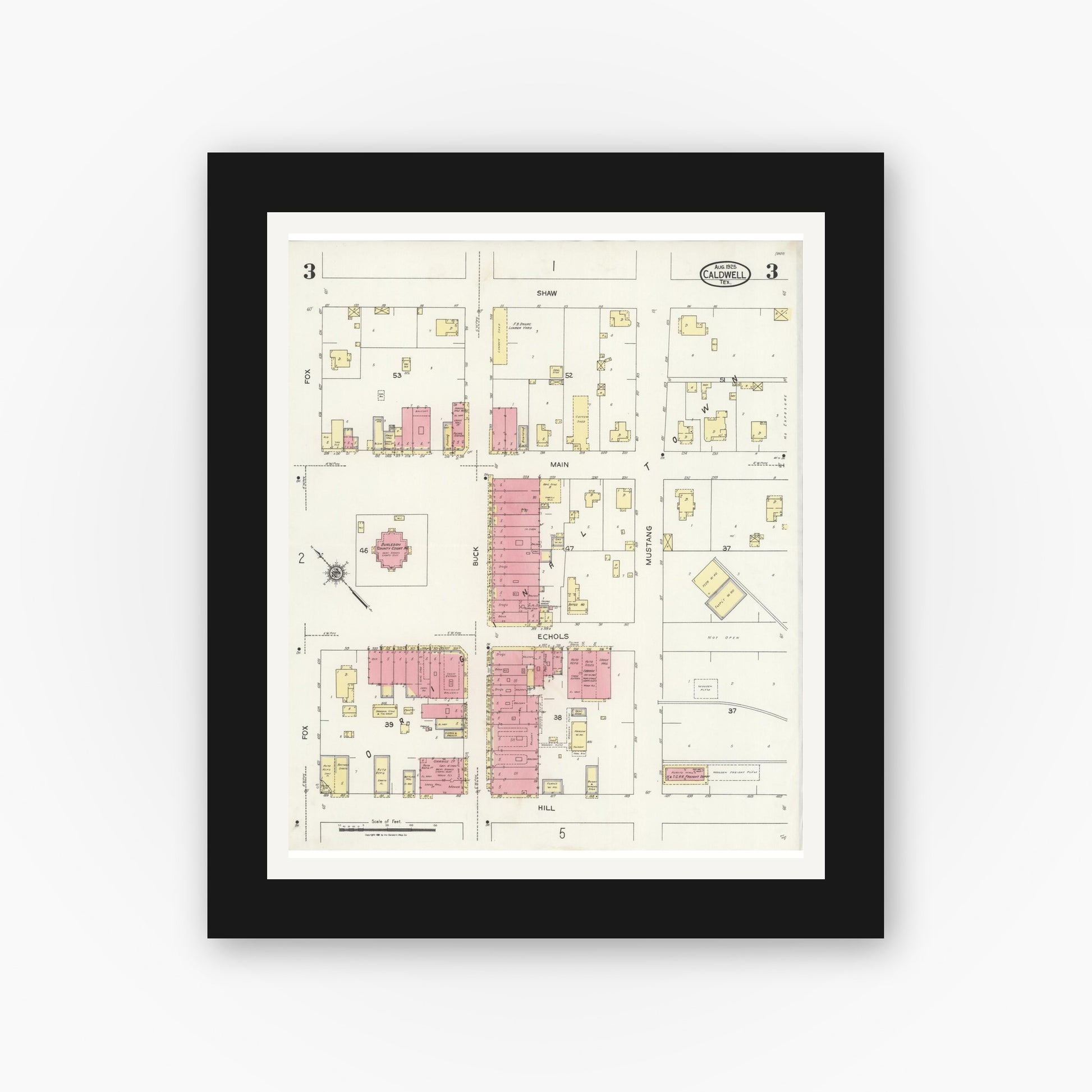 Old map wall art mockup — black gallery frame with white mat — Sanborn Fire Insurance Map from Caldwell, Burleson County, Texas (1925), Sheet #0003