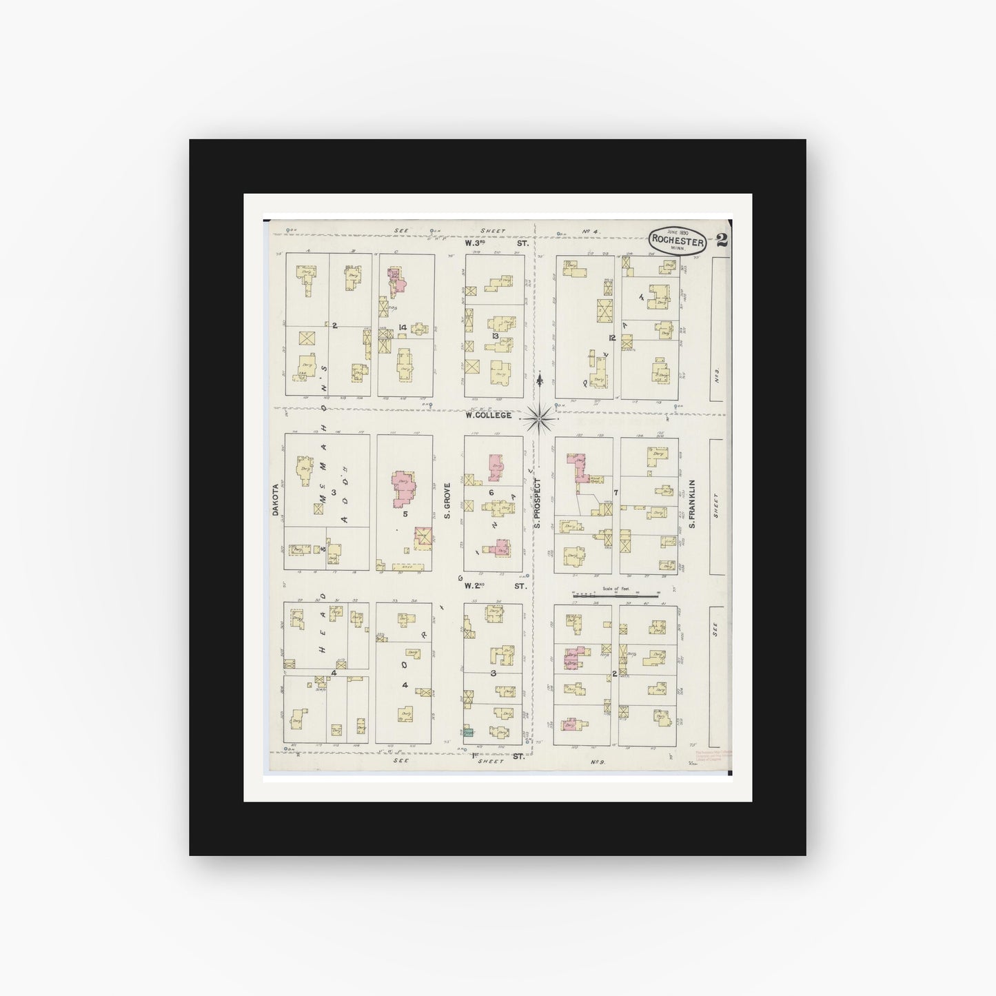 Old map wall art mockup — black gallery frame with white mat — Sanborn Fire Insurance Map from Rochester, Olmsted County, Minnesota (1890), Sheet #0002