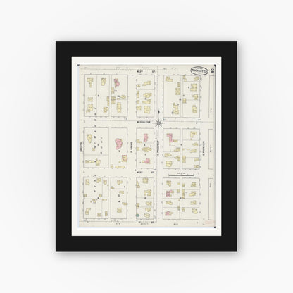 Old map wall art mockup — black gallery frame with white mat — Sanborn Fire Insurance Map from Rochester, Olmsted County, Minnesota (1890), Sheet #0002