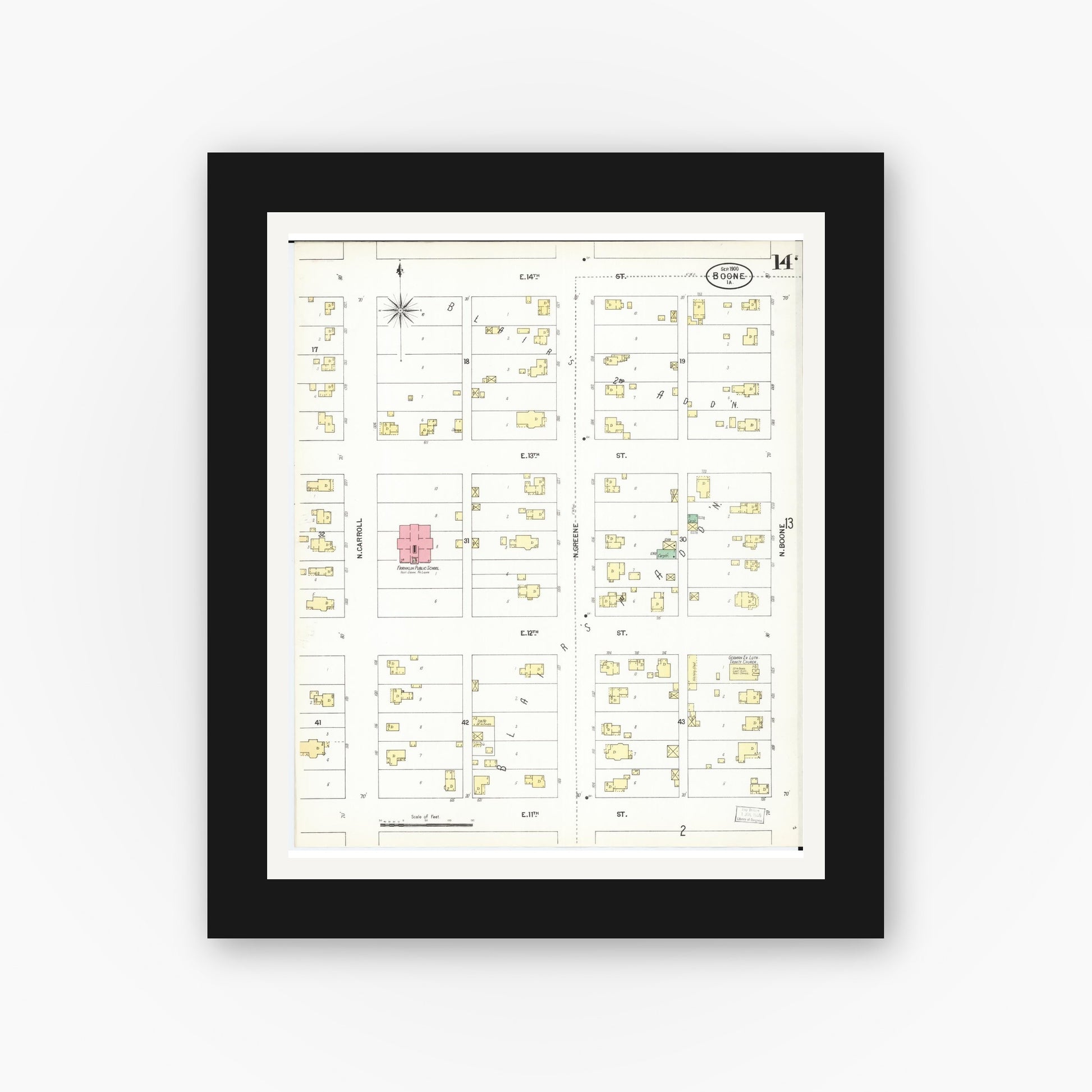 Old map wall art mockup — black gallery frame with white mat — Sanborn Fire Insurance Map from Boone, Boone County, Iowa (1900), Sheet #0014