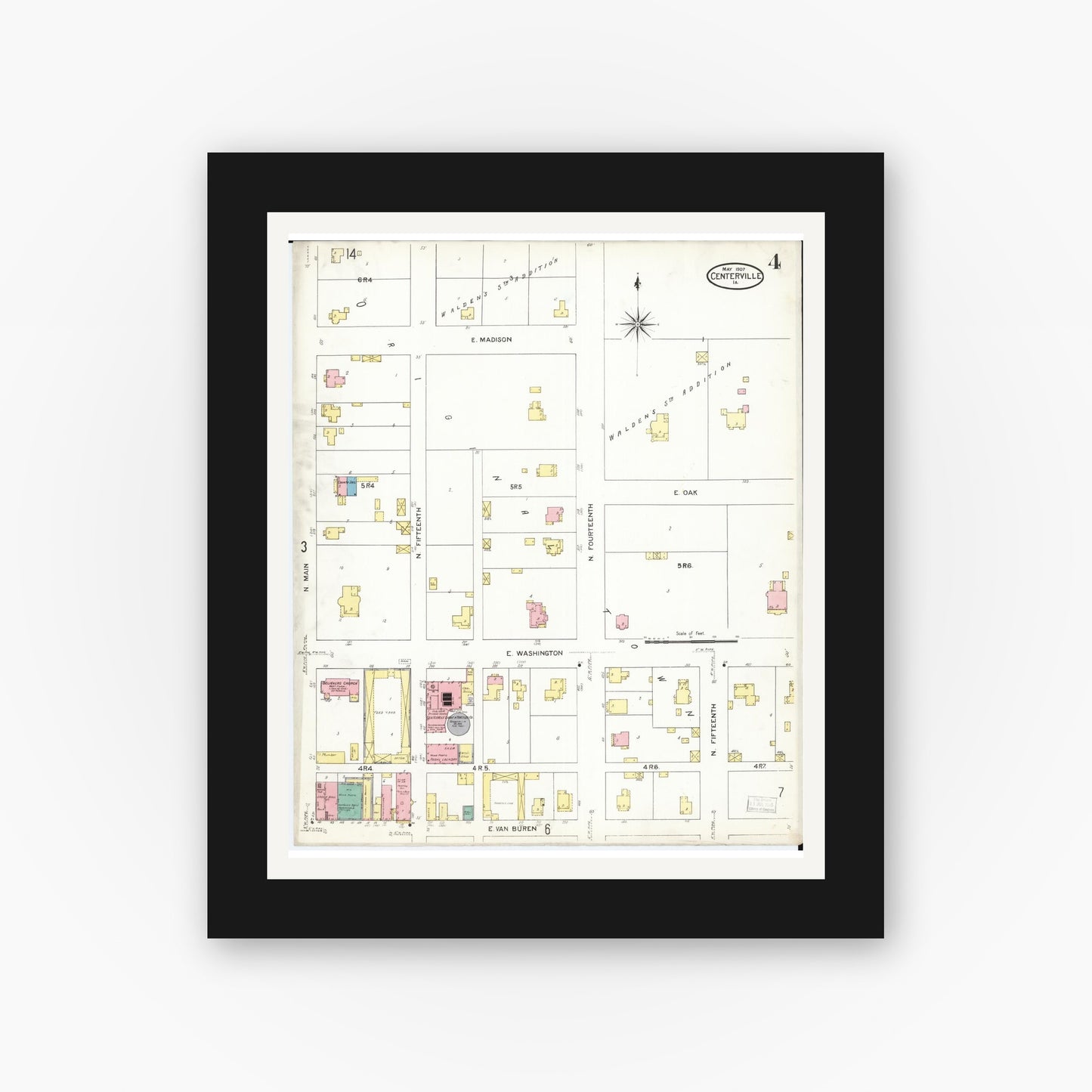 Old map wall art mockup — black gallery frame with white mat — Sanborn Fire Insurance Map from Centerville, Appanoose County, Iowa (1907), Sheet #0004