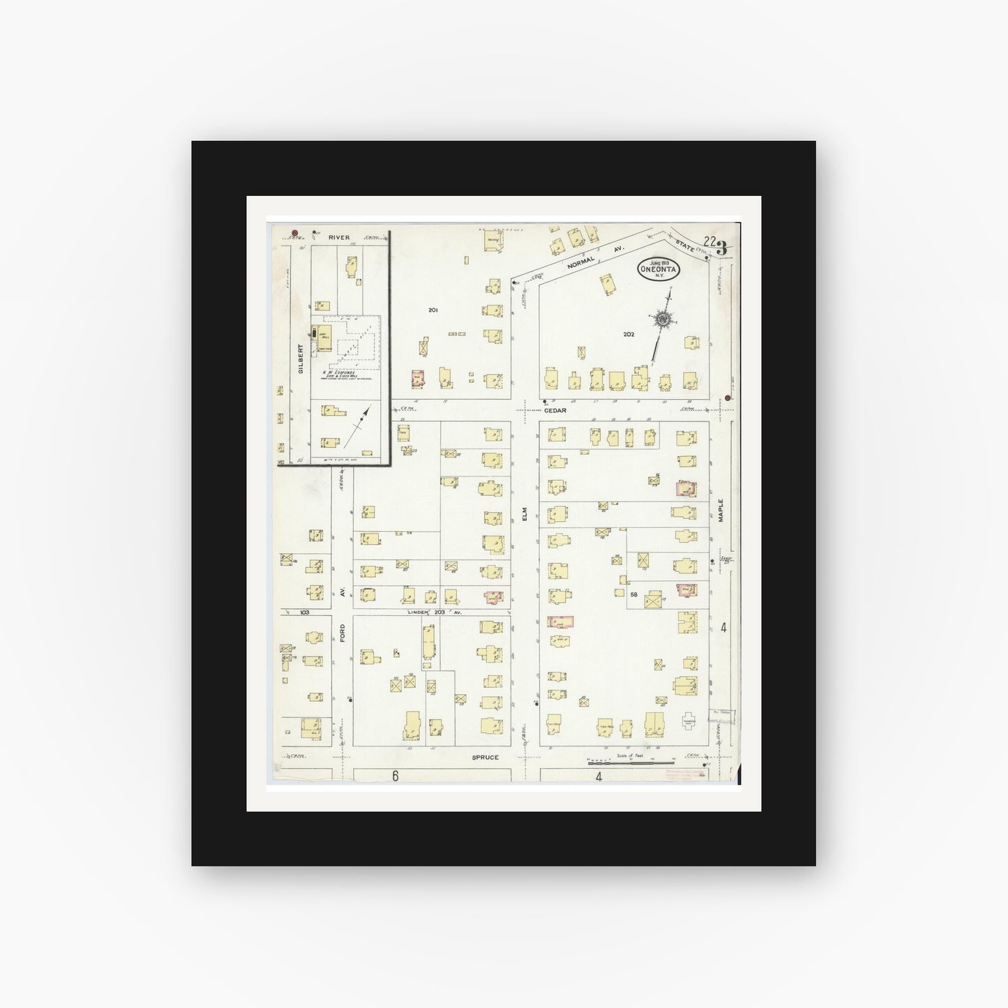 Old map wall art mockup — black gallery frame with white mat — Sanborn Fire Insurance Map from Oneonta, Otsego County, New York (1910), Sheet #0003