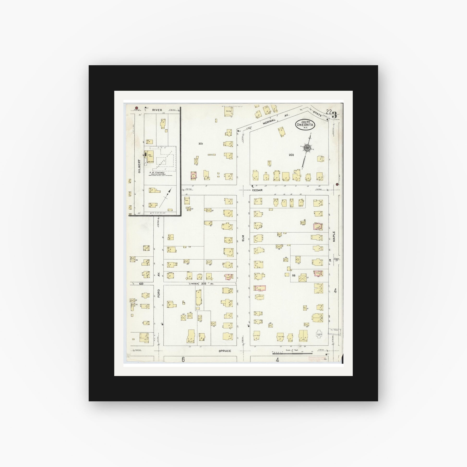 Old map wall art mockup — black gallery frame with white mat — Sanborn Fire Insurance Map from Oneonta, Otsego County, New York (1910), Sheet #0003